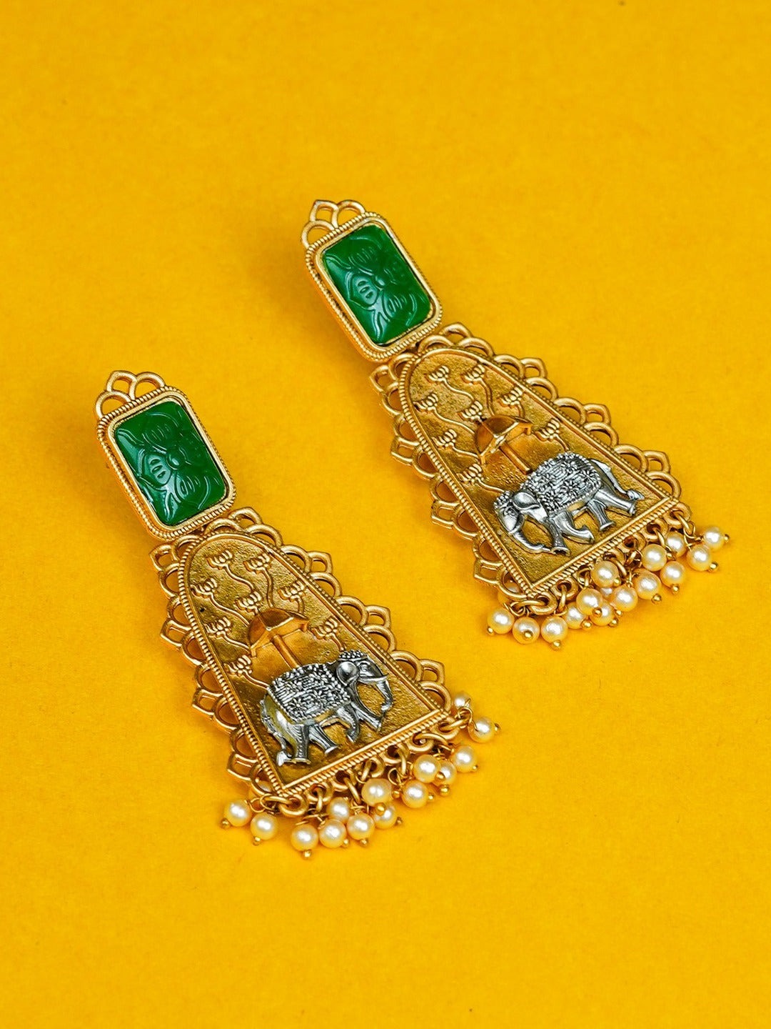 Zevar Club Oxidised Gold & Silver-Toned Elephant Motif Earring with Green Top & Pearls Drops