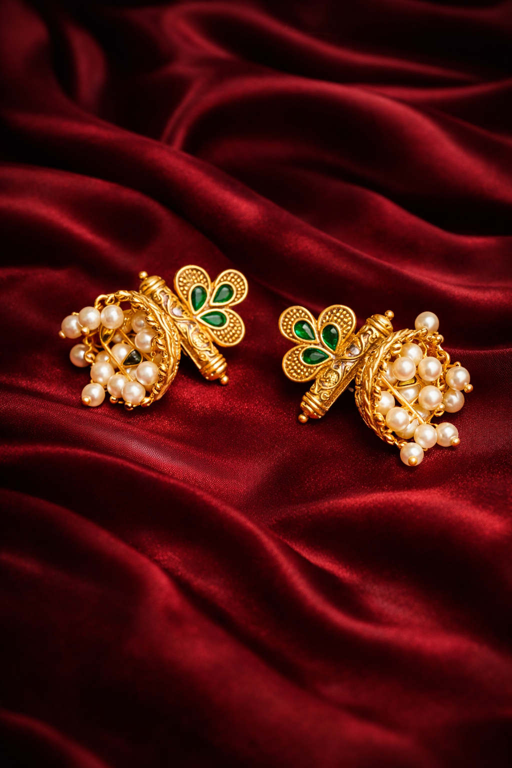 Zevar Club 18K Gold-Plated Red Stone Studded Dome Jhumka Earrings with Pearl Danglers