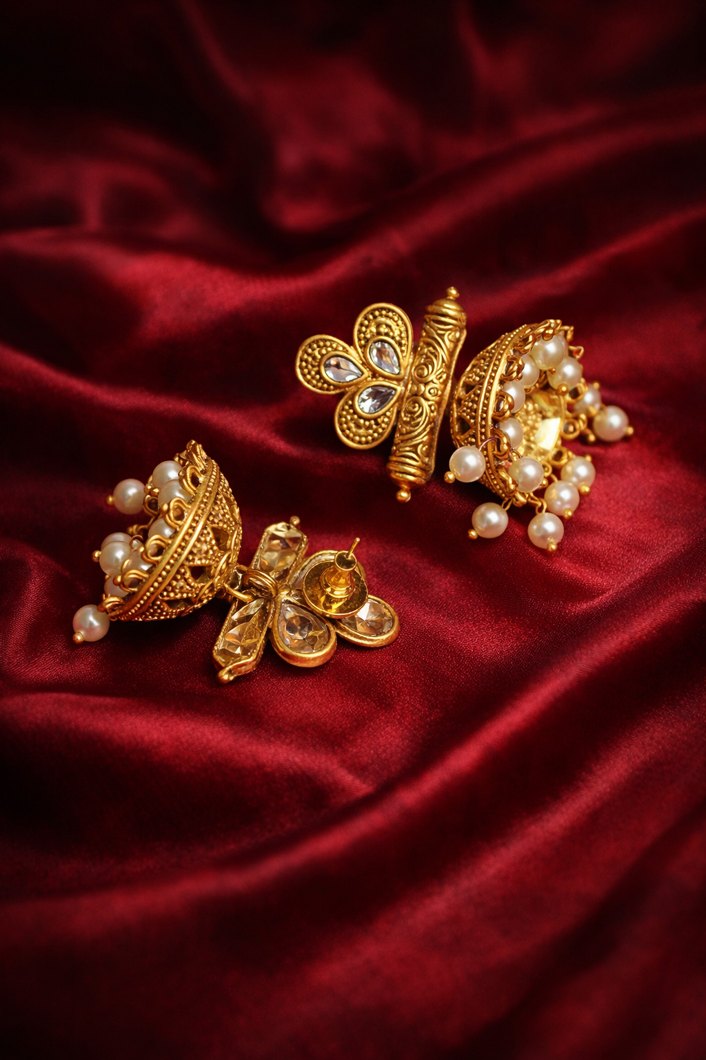 Zevar Club 18K Gold-Plated Red Stone Studded Dome Jhumka Earrings with Pearl Danglers