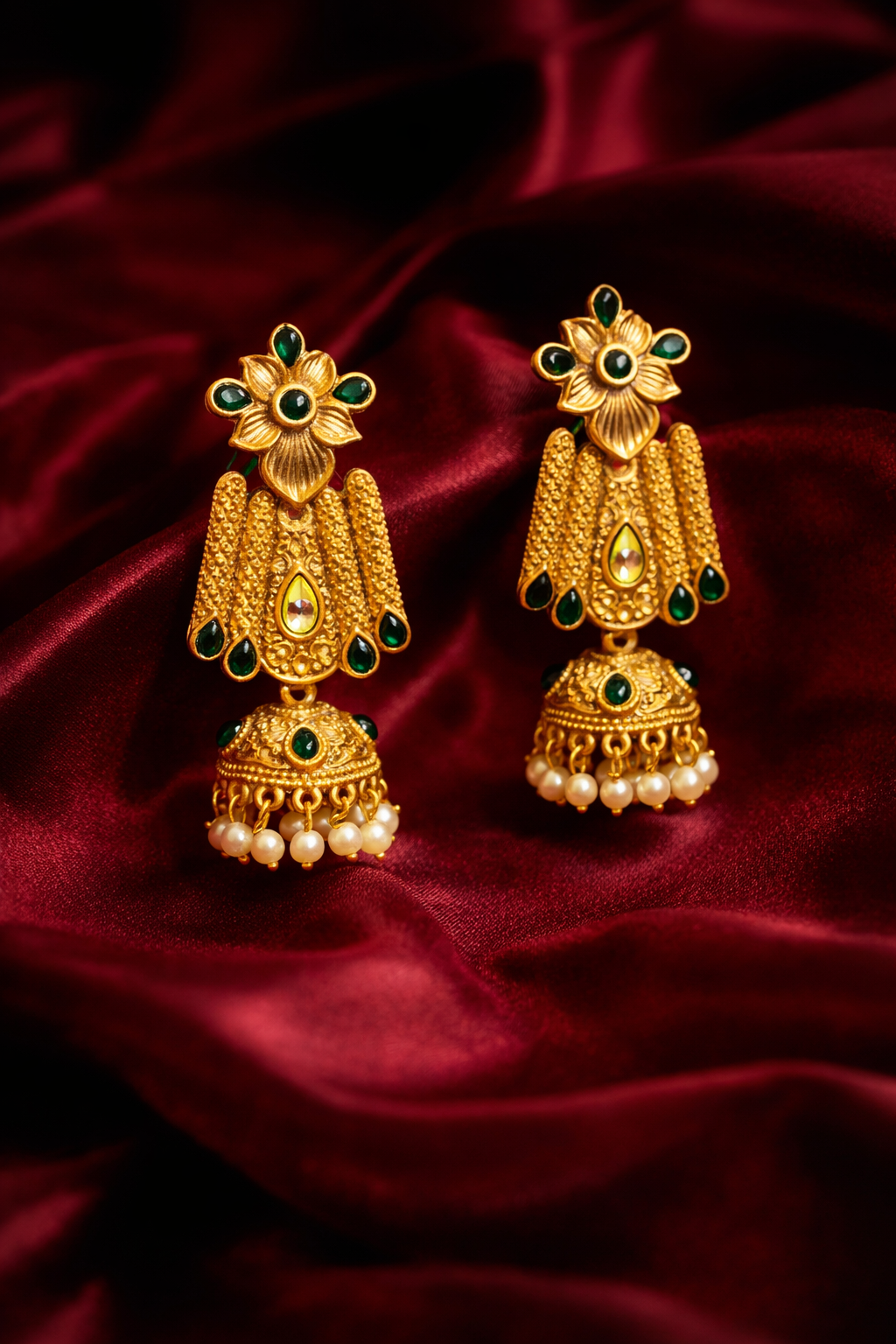 Zevar Club 18K Gold-Plated White Kundan Stone Studded Floral Drop Earrings with Pearl Jhumka