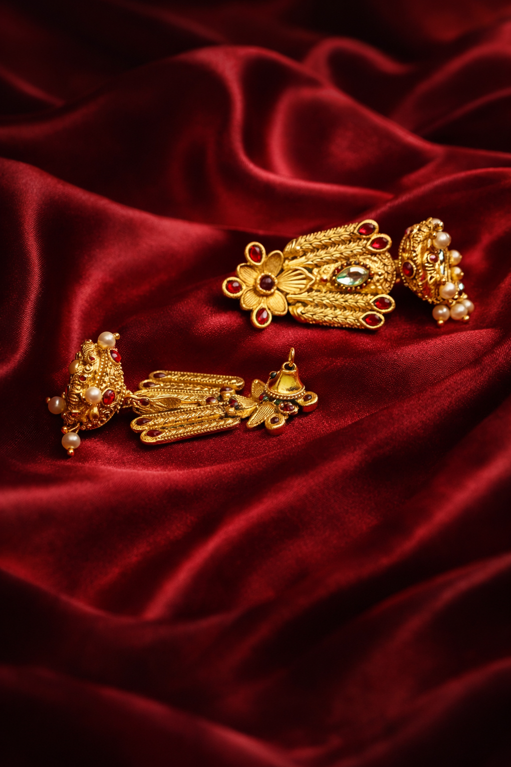 Zevar Club 18K Gold-Plated Red Kundan Stone Studded Floral Drop Earrings with Pearl Jhumka