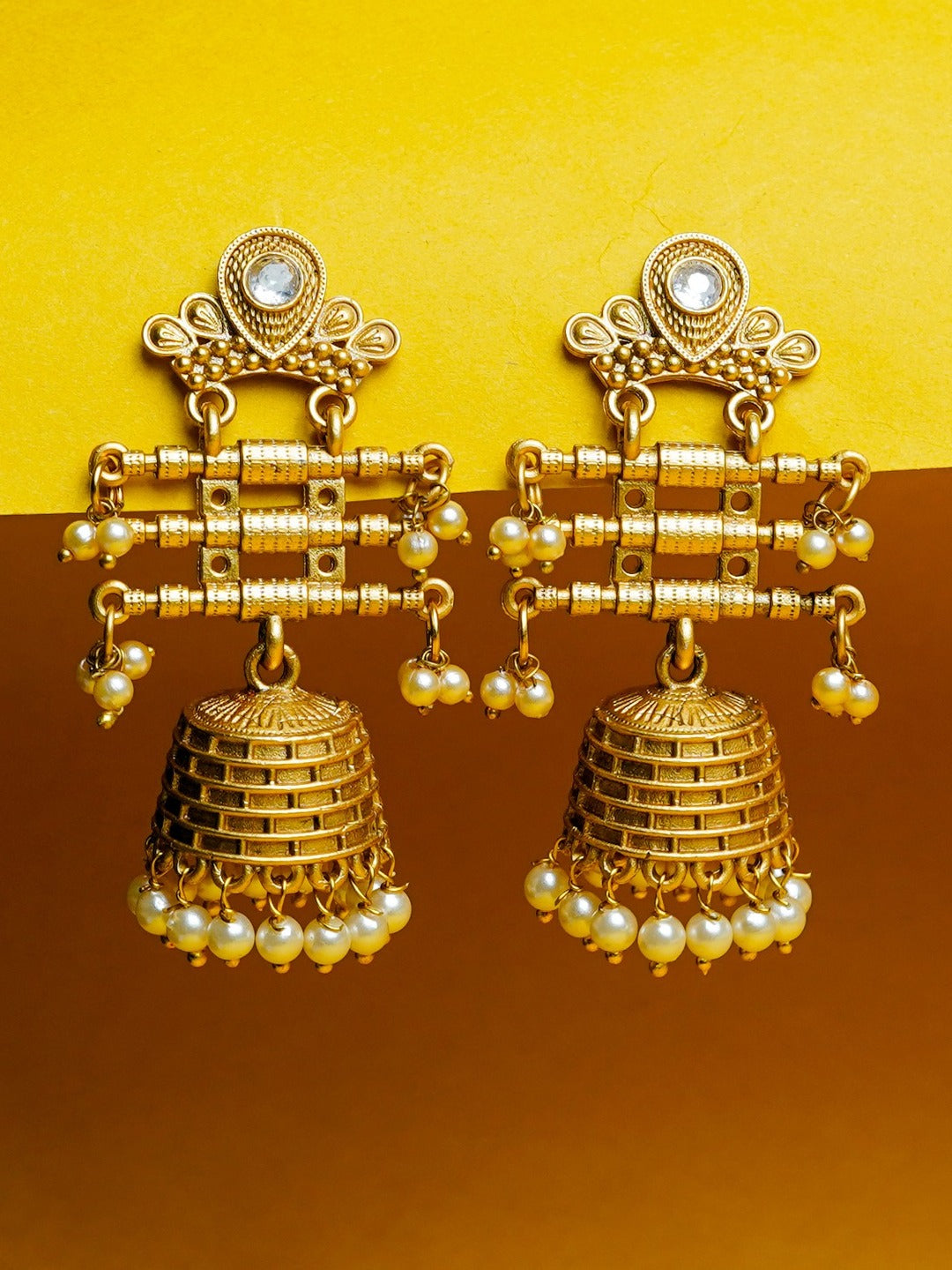 Zevar Club 18K Gold-Plated Red Kundan Studded Layered Traditional Jhumka Earrings with Pearls