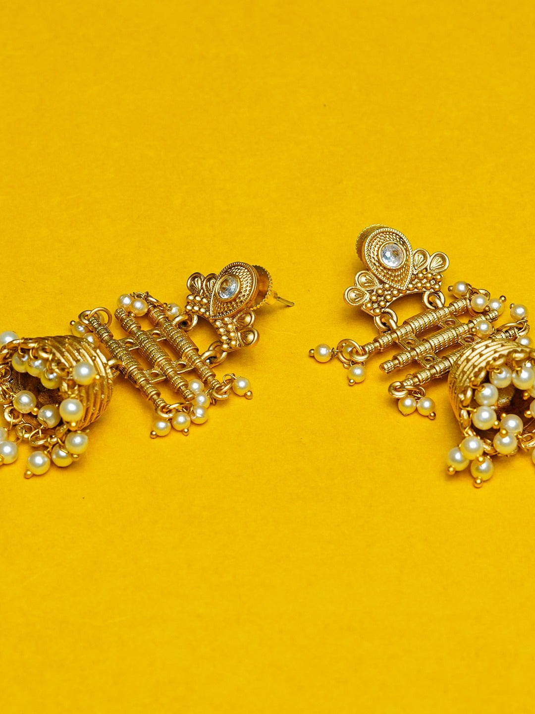 Zevar Club 18K Gold-Plated Green Kundan Studded Layered Traditional Jhumka Earrings with Pearls