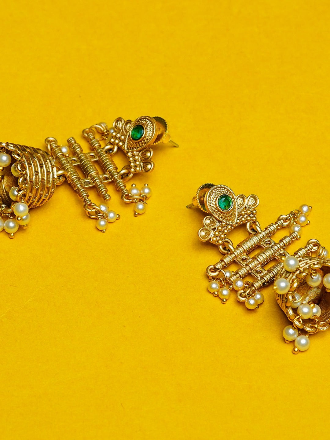 Zevar Club 18K Gold-Plated Green Kundan Studded Layered Traditional Jhumka Earrings with Pearls