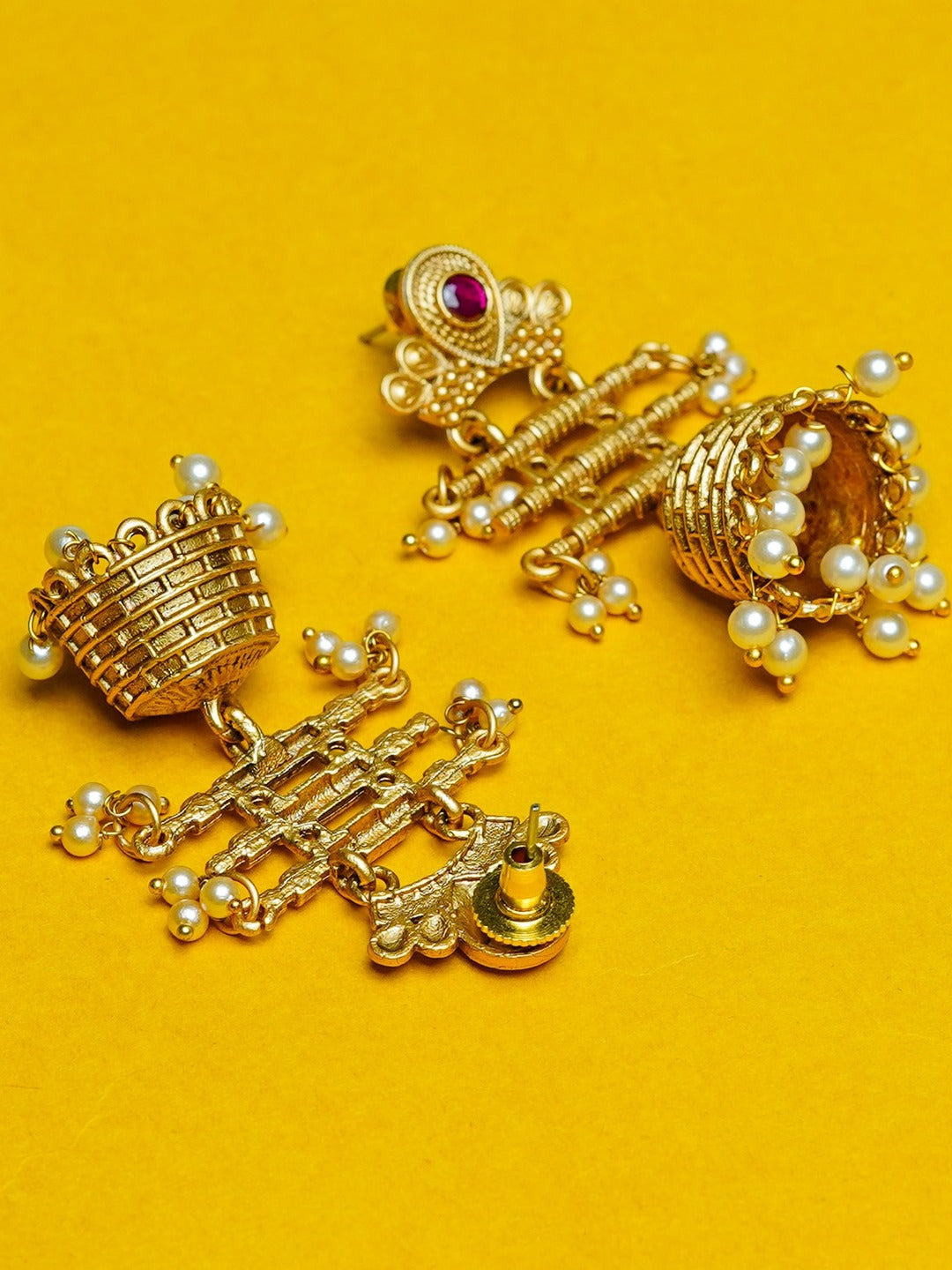 Zevar Club 18K Gold-Plated Green Kundan Studded Layered Traditional Jhumka Earrings with Pearls