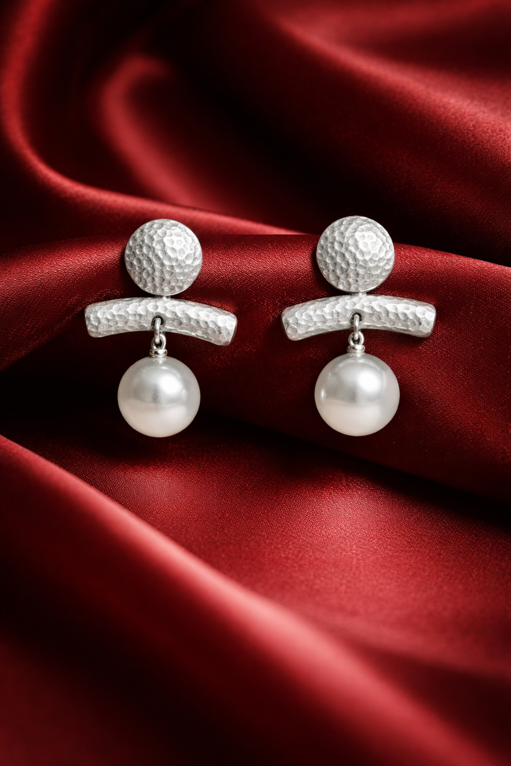 Zevar Club Silver-Toned Antique Statement Drop Earrings with Textured Bar & White Pearl Danglers