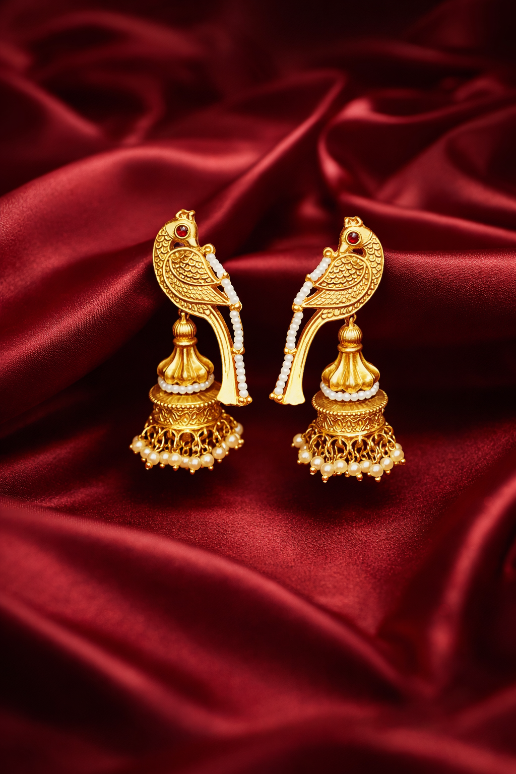 Zevar Club 18K Gold-Plated Bird Motif Ethnic Jhumka Earrings with White Pearl Beads & Dome Drop