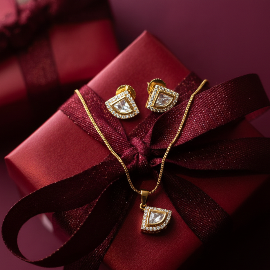 Zevar Club 22K Gold-Plated Cubic Zirconia Studded Geometric Pendant Necklace Set for Women