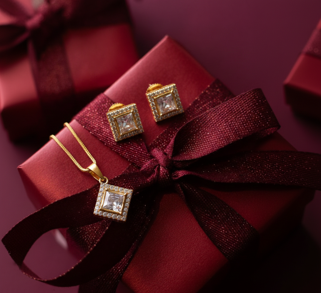 Zevar Club 22K Gold-Plated Diamond-Shaped Cubic Zirconia Studded Pendant Necklace Set for Women