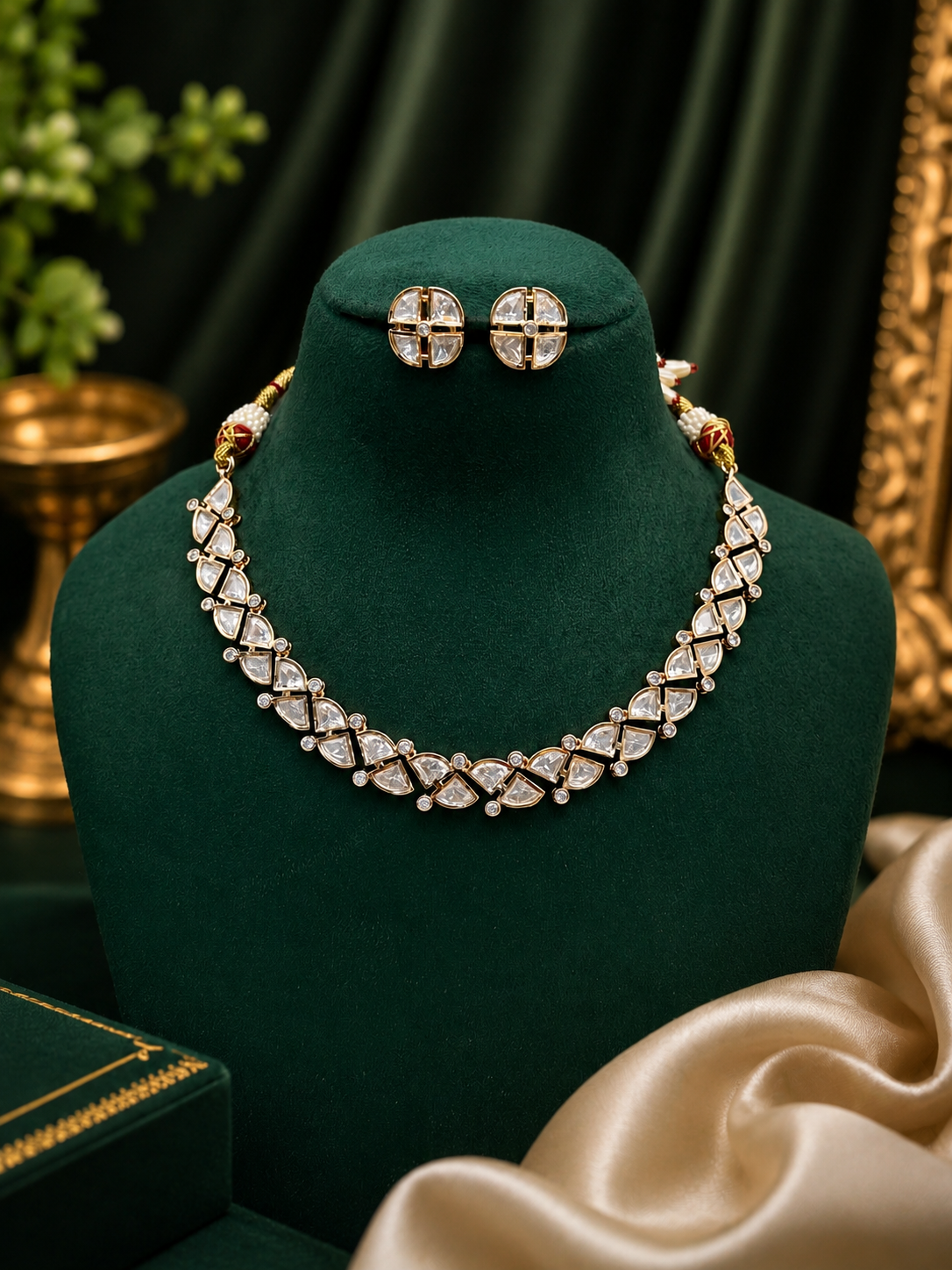 Zevar Club 22K Gold-Plated White Kundan Stone Studded Floral Choker Jewellery Set