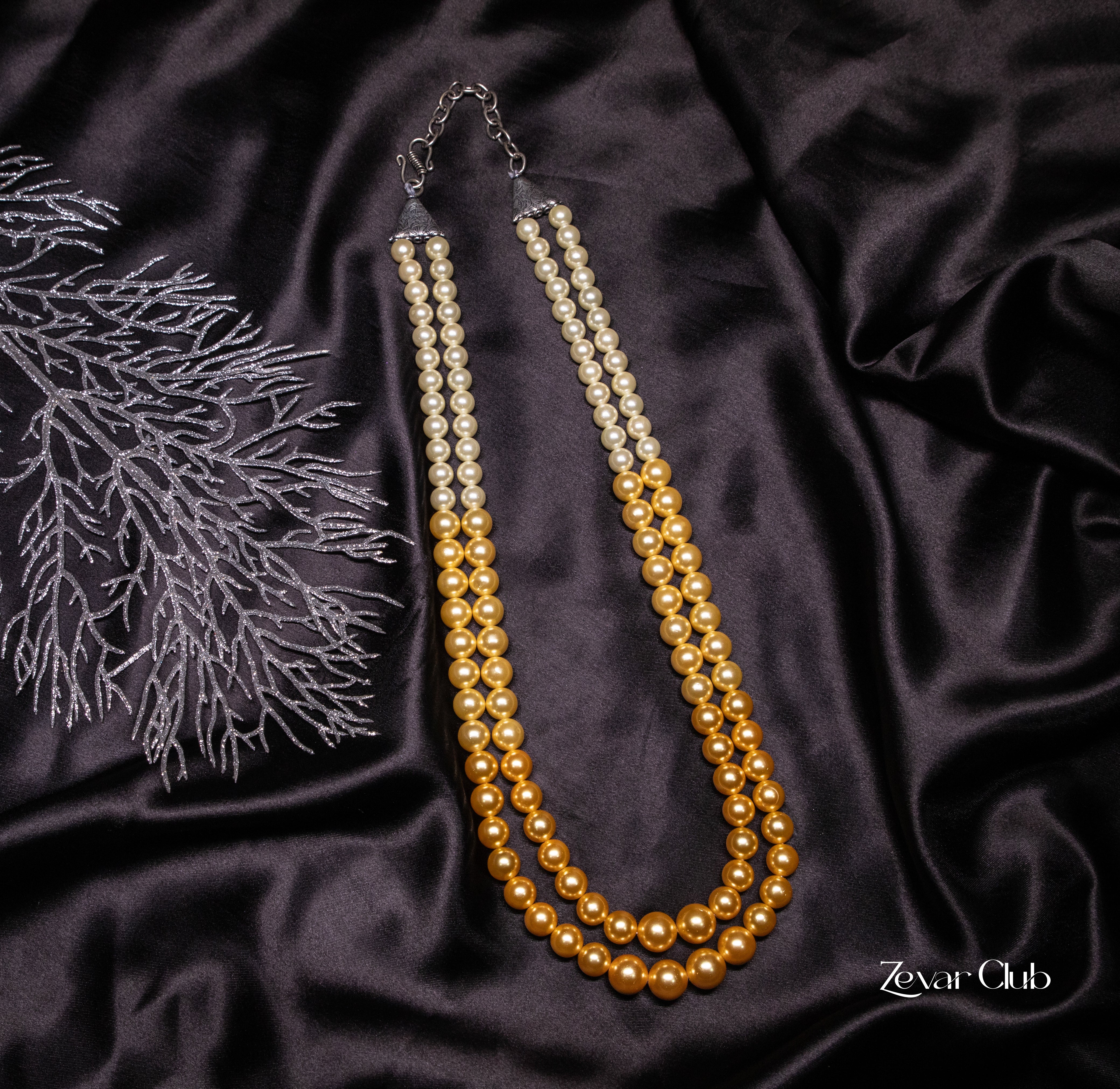 Zevar Club Double Layer Pink, Grey, Yellow & Black Glossy Pearl Royal Statement Necklace