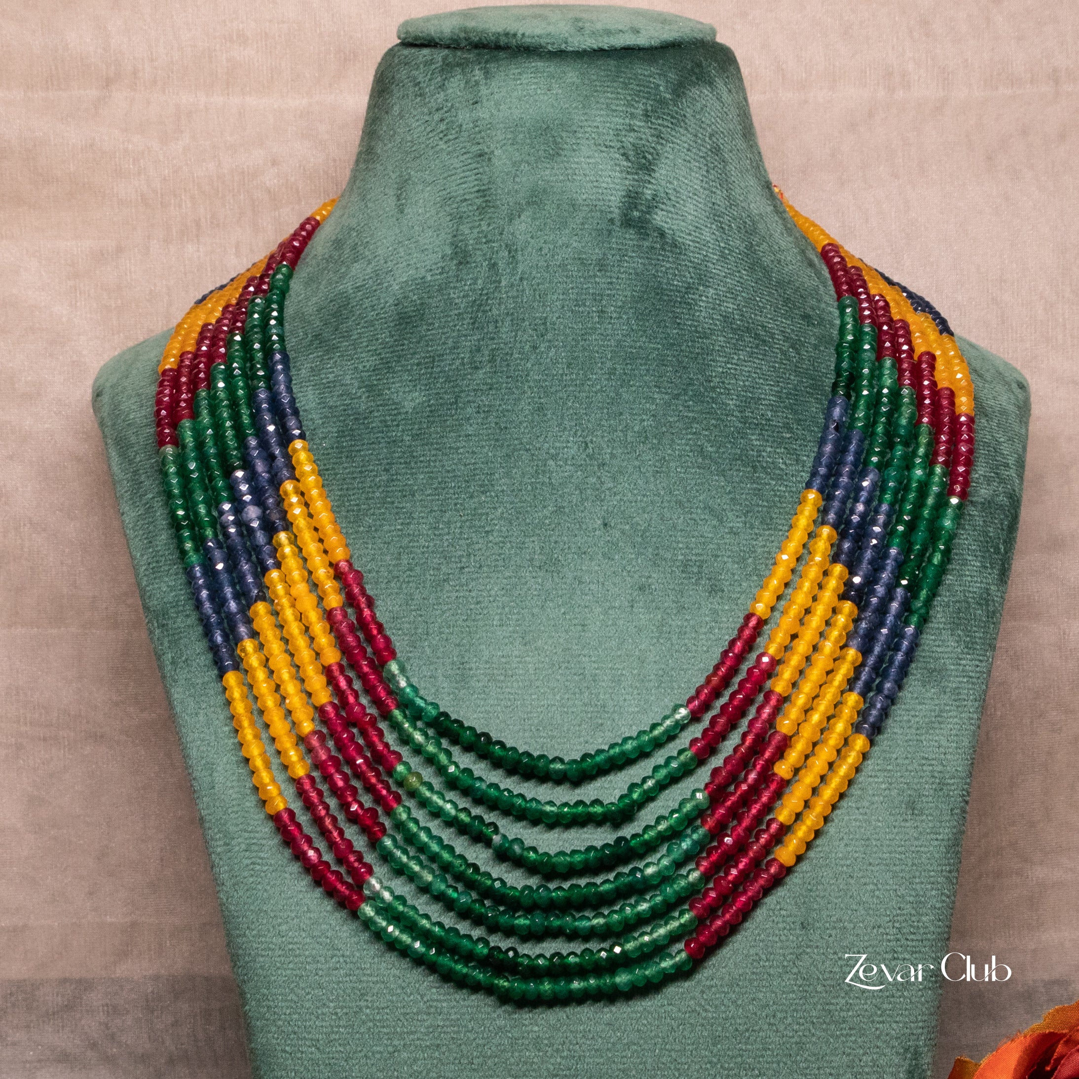 Zevar Club Multi-Colored Beaded Multi-Layer Statement Necklace in Ruby, Emerald & Yellow