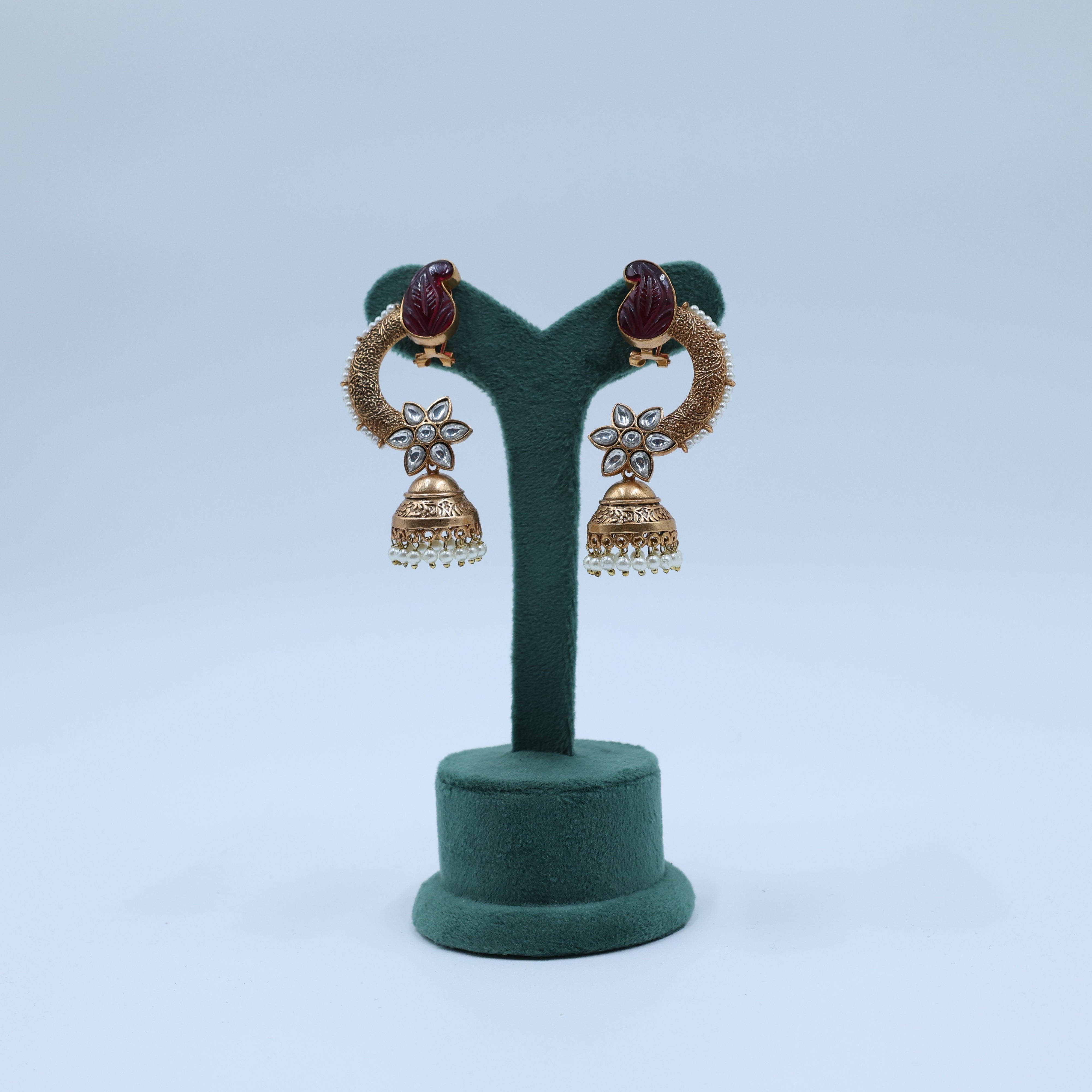 Zevar Club 12K Gold Plated Designer Statement Ruby Kundan Pearl Jhumki Earrings