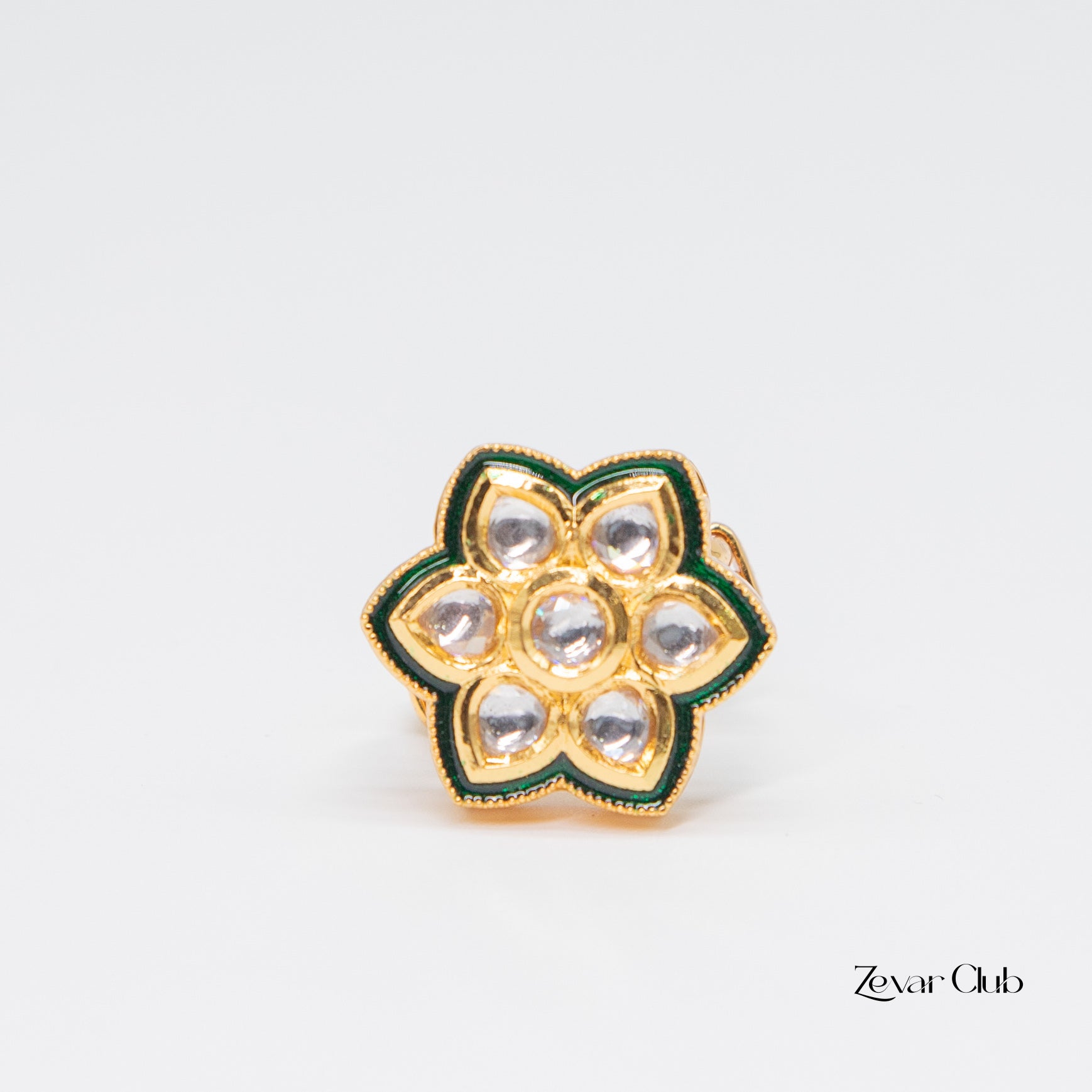 Flower Shaped Green Adjustable Kundan Ring