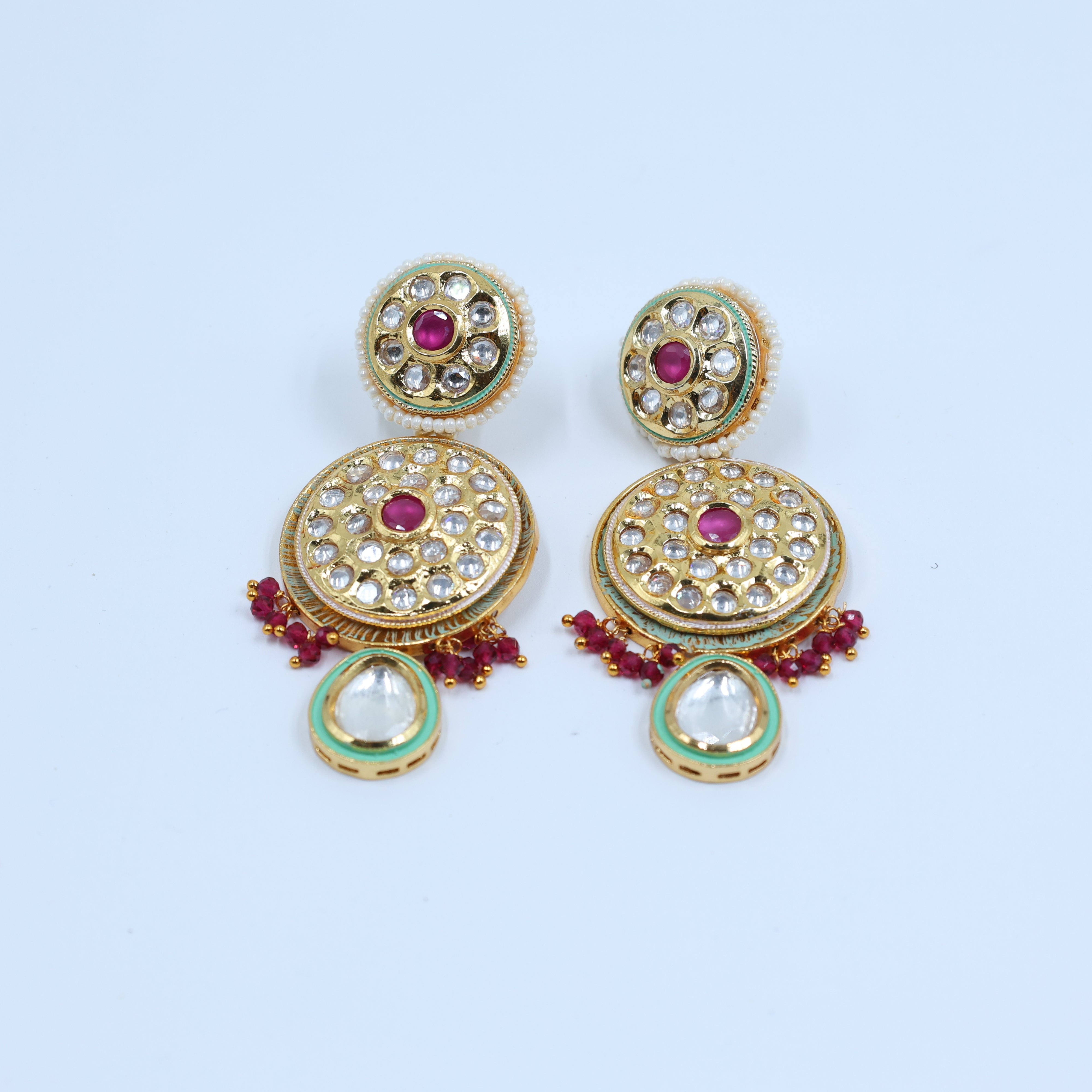 Kundan Pink and Green Pearl Earrings