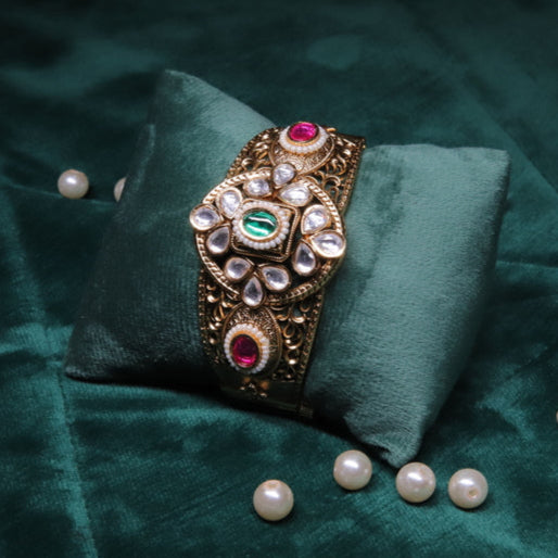 Zevar Club 12K Gold Plated Kundan with Semi-Precious Stones Openable Bracelet