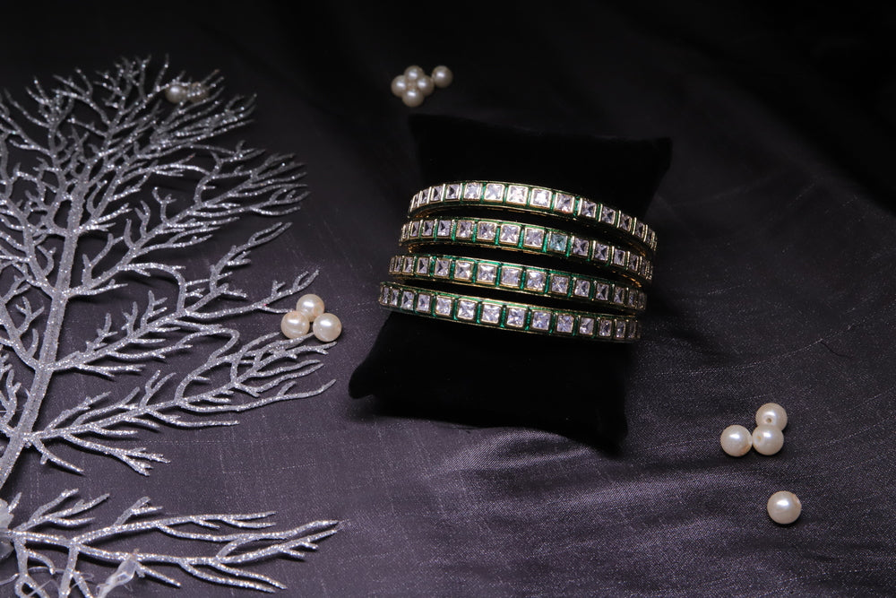 Green Kundan Bangles, Set of 2