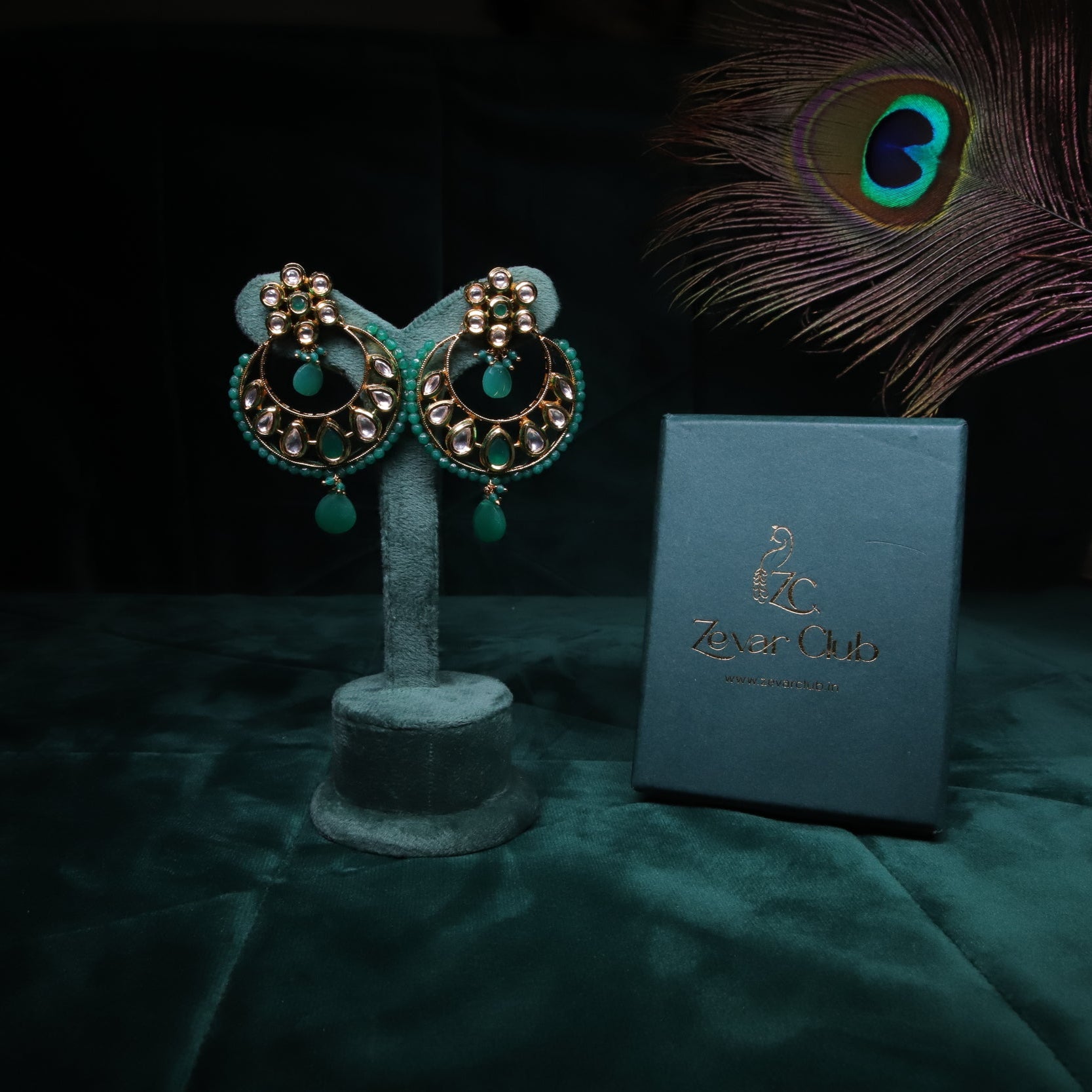Zevar Club 12K Gold Plated Emerald Kundan Chandbaali Earrings