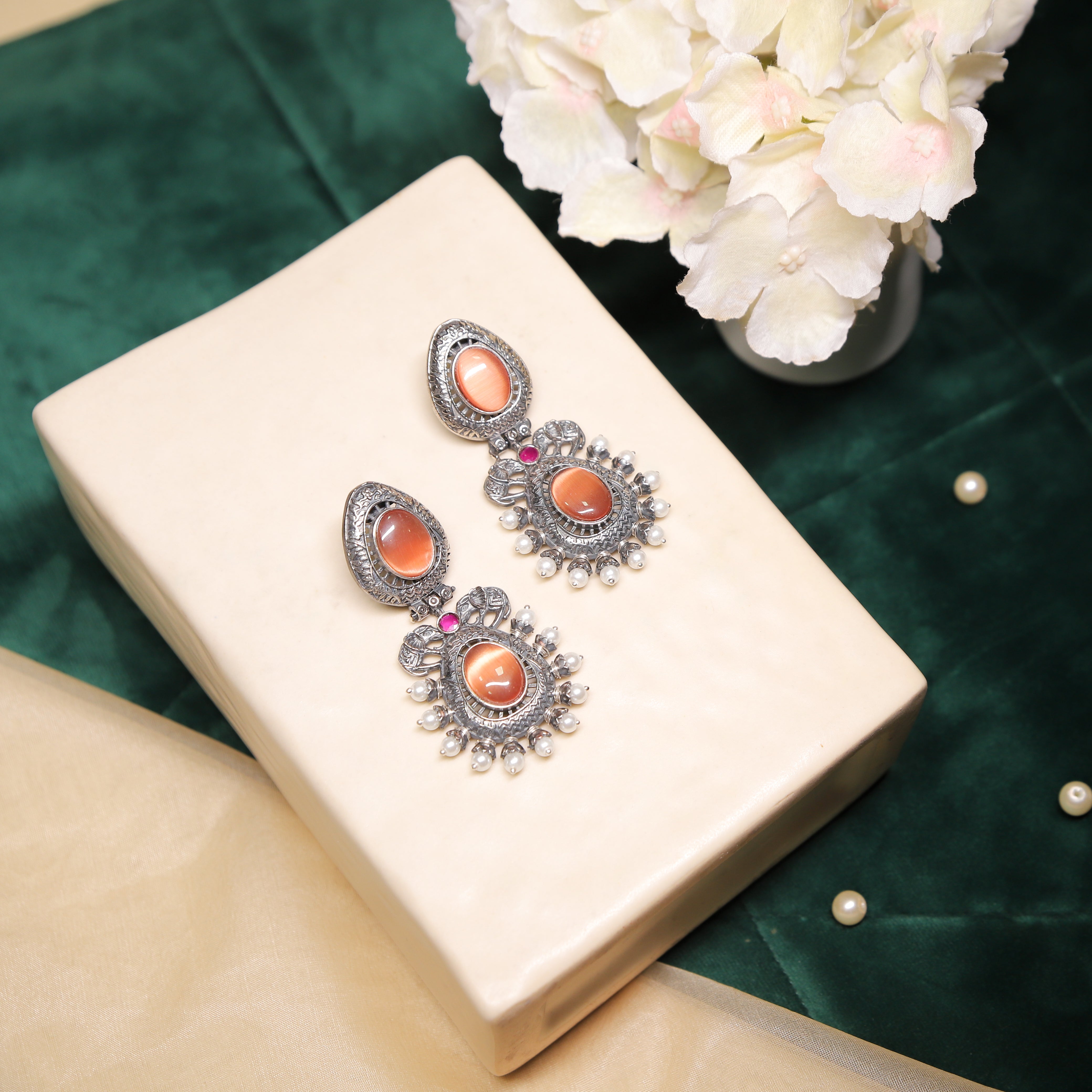 Zevar Club Sturdy Tribal Oval Stones Drop Earrings