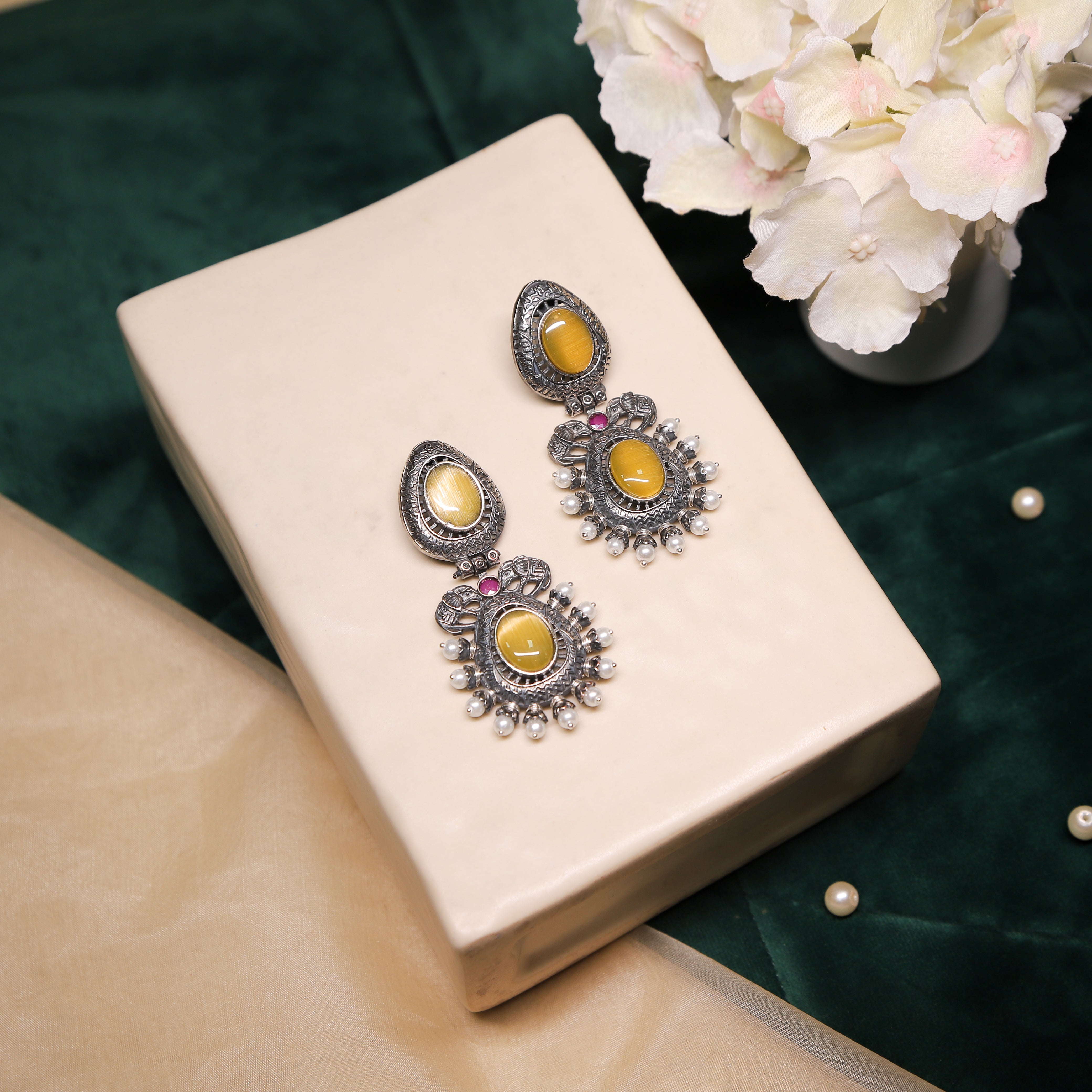 Zevar Club Sturdy Tribal Oval Stones Drop Earrings