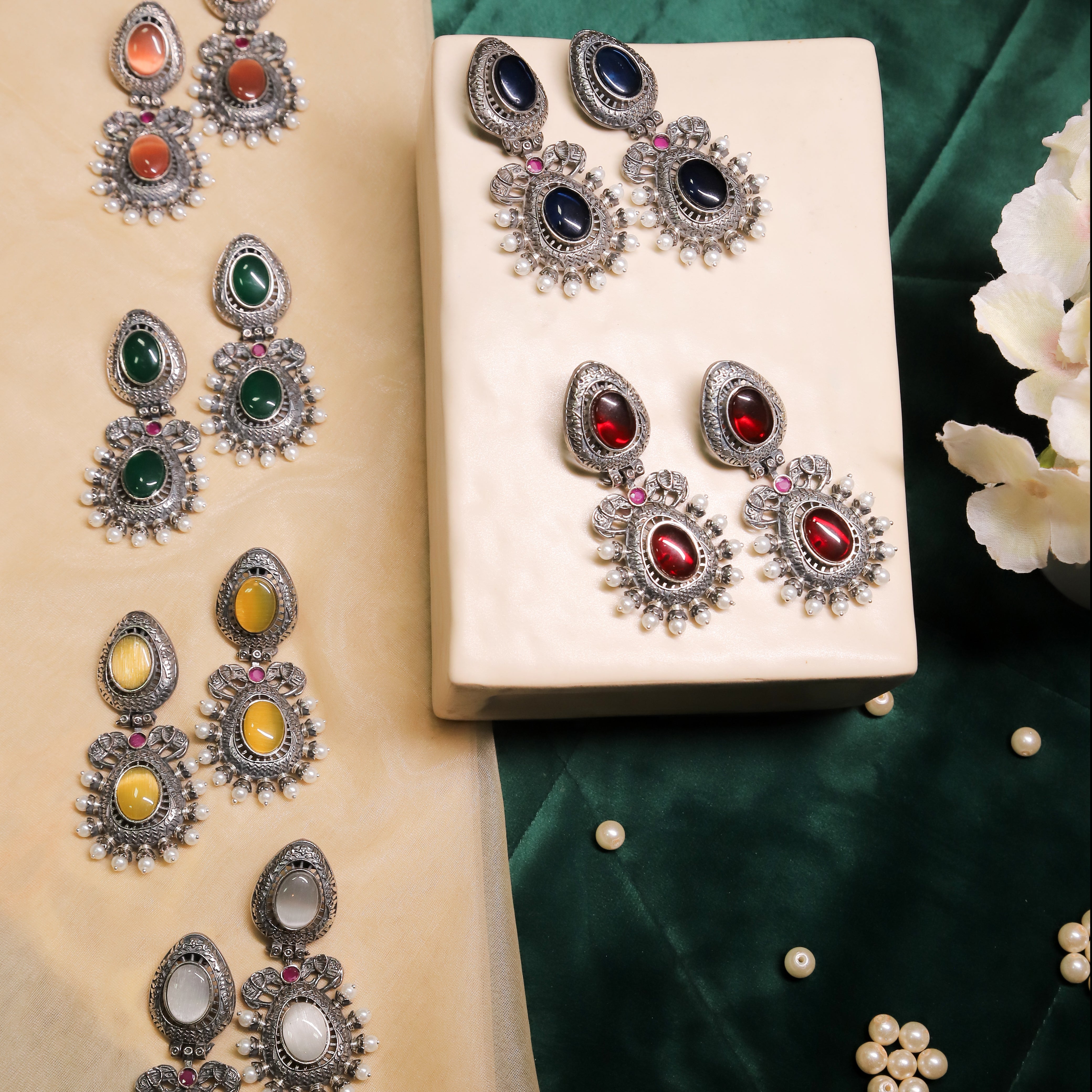 Zevar Club Sturdy Tribal Oval Stones Drop Earrings