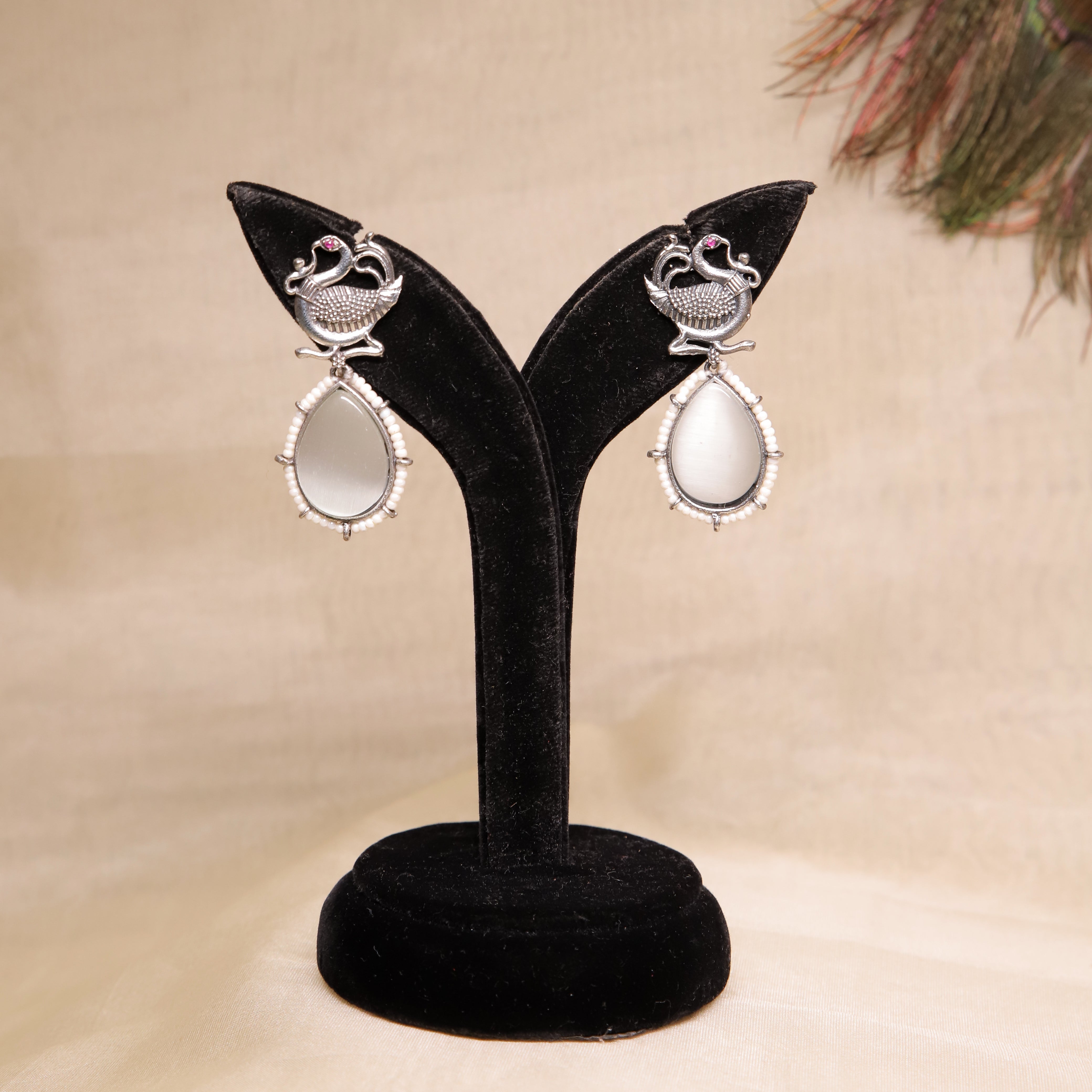Zevar Club Black Silver Tribal Wear Based Peacock Motif Drop Earrings