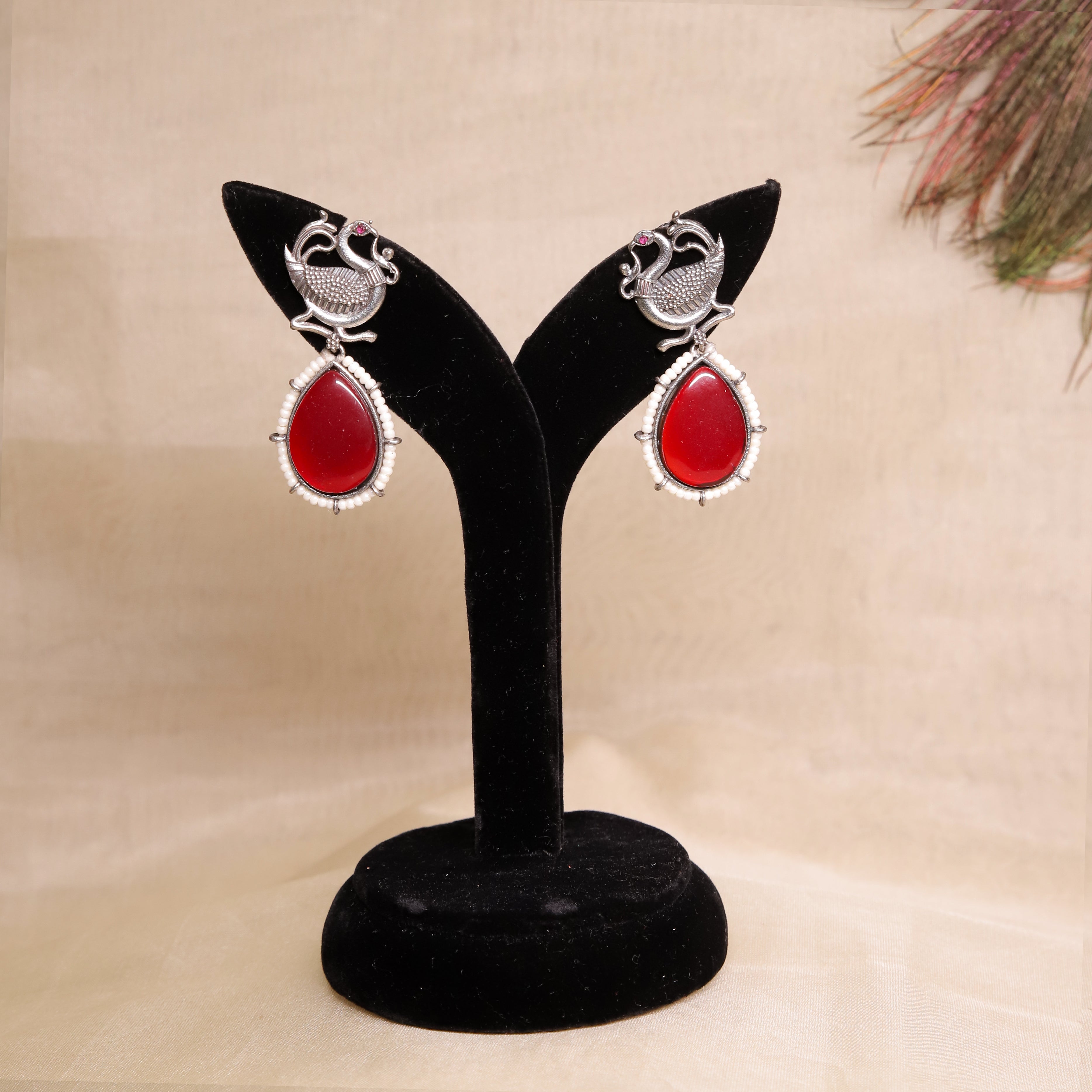 Zevar Club Black Silver Tribal Wear Based Peacock Motif Drop Earrings