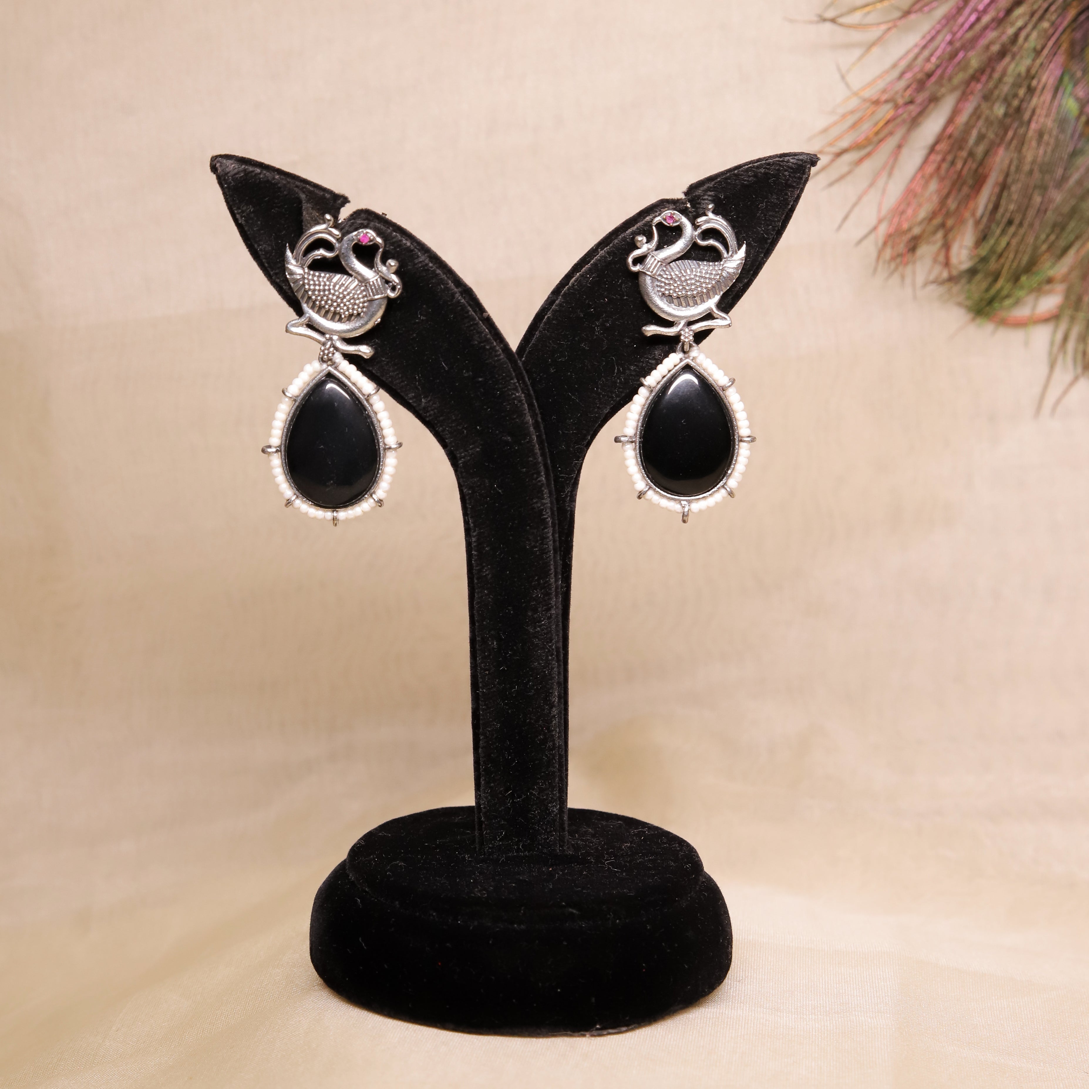 Zevar Club Black Silver Tribal Wear Based Peacock Motif Drop Earrings