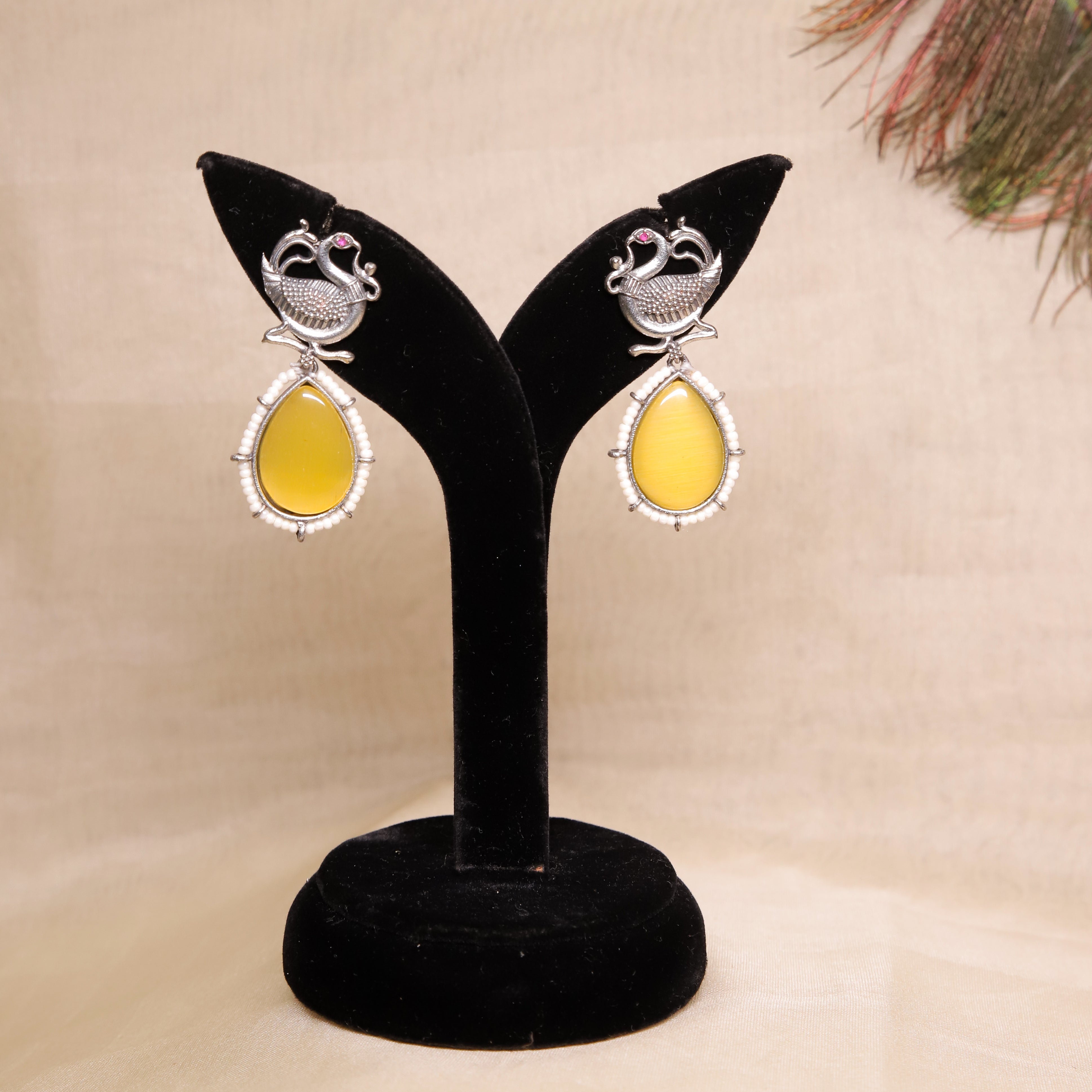 Zevar Club Black Silver Tribal Wear Based Peacock Motif Drop Earrings