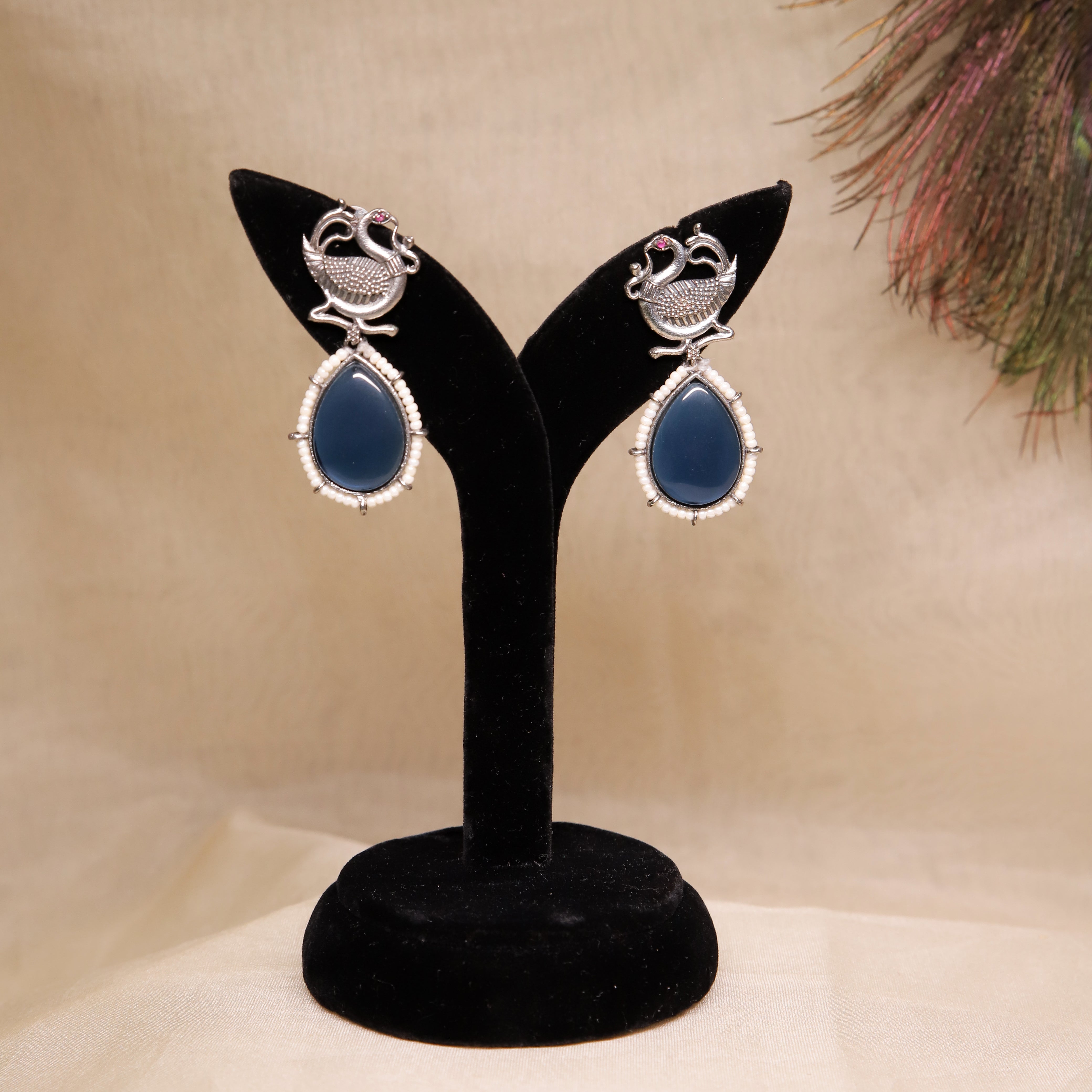 Zevar Club Black Silver Tribal Wear Based Peacock Motif Drop Earrings