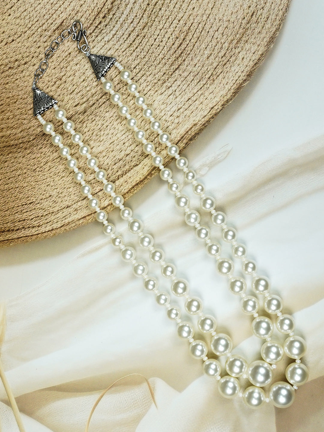 Zevar Club Glossy White, Peach Pink & Light Yellow Glossy Pearl Double Layer Silver Tone Handcrafted Luxury Necklace