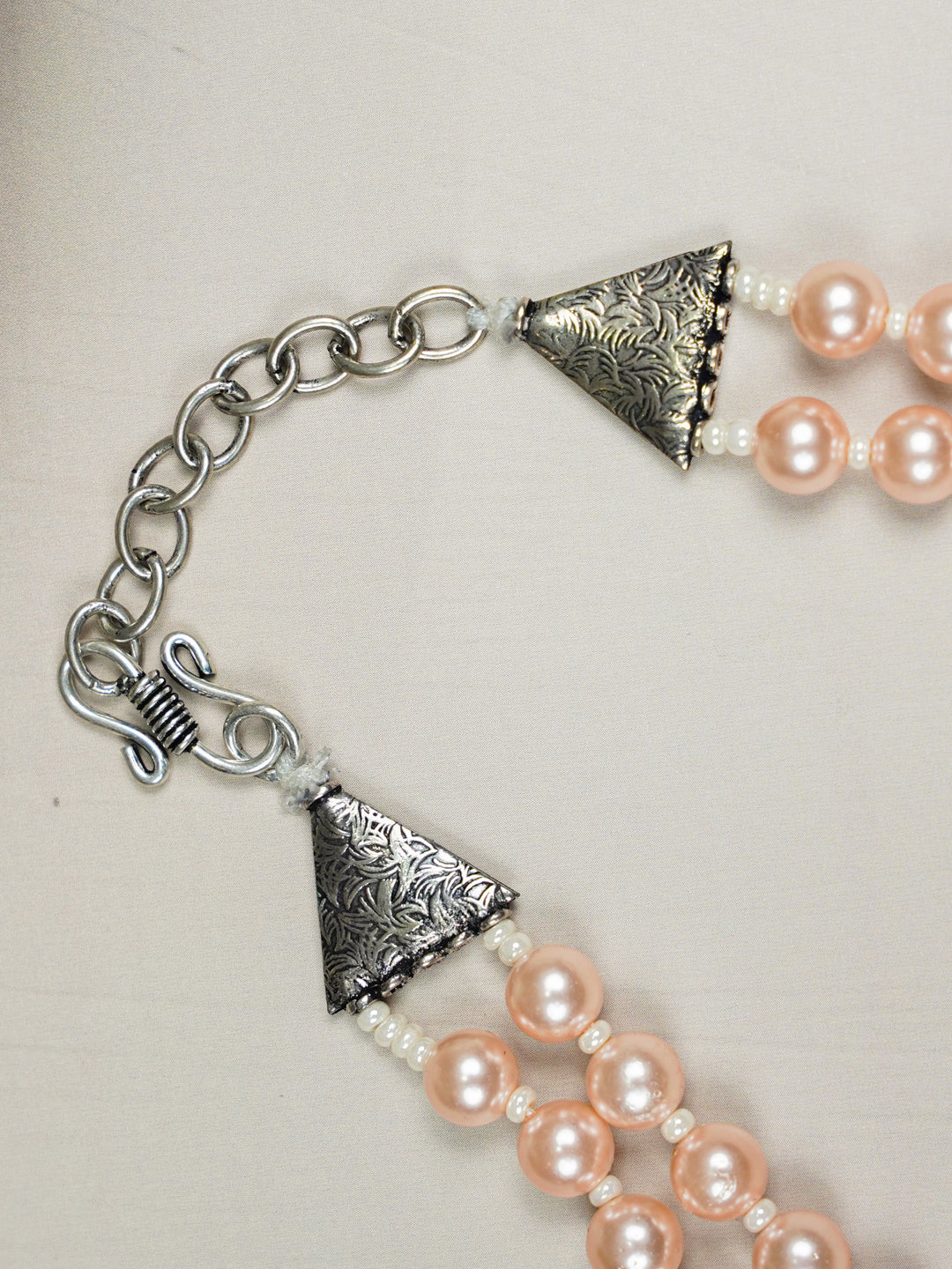 Zevar Club Glossy White, Peach Pink & Light Yellow Glossy Pearl Double Layer Silver Tone Handcrafted Luxury Necklace