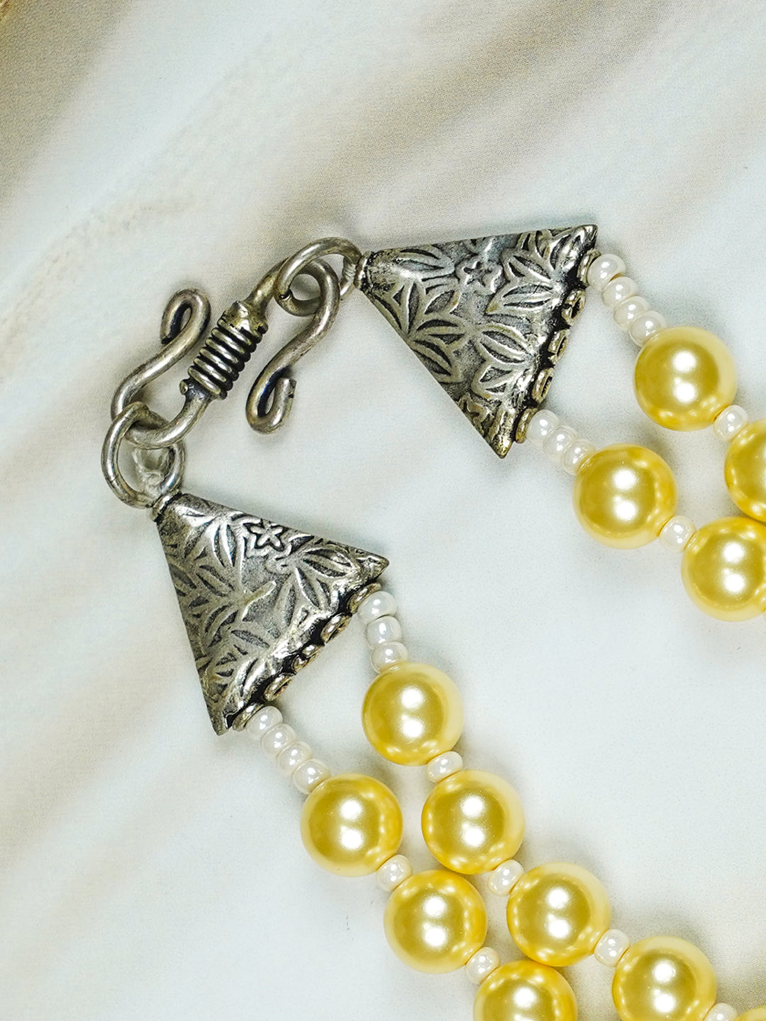 Zevar Club Glossy White, Peach Pink & Light Yellow Glossy Pearl Double Layer Silver Tone Handcrafted Luxury Necklace