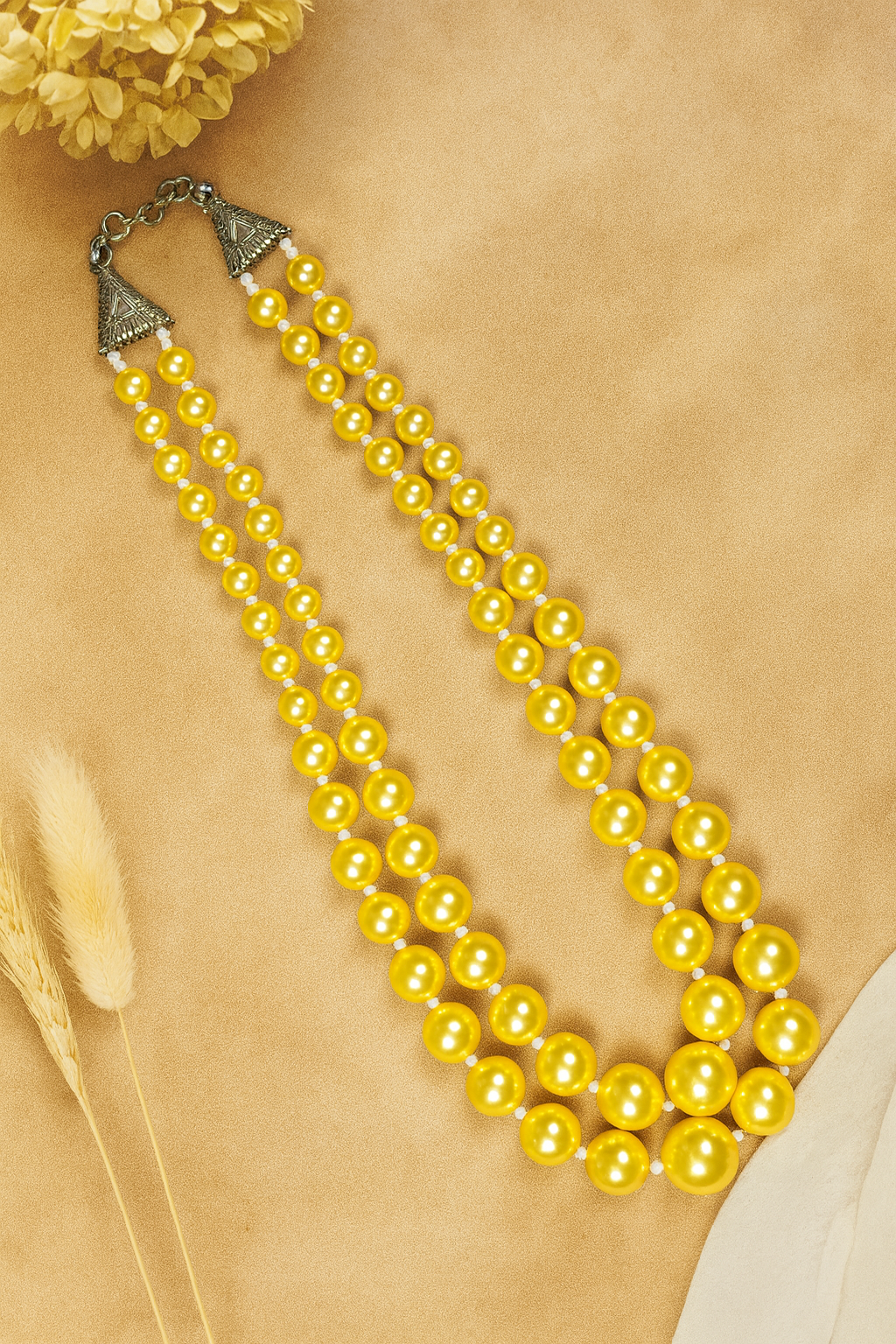 Zevar Club Glossy White, Peach Pink & Light Yellow Glossy Pearl Double Layer Silver Tone Handcrafted Luxury Necklace