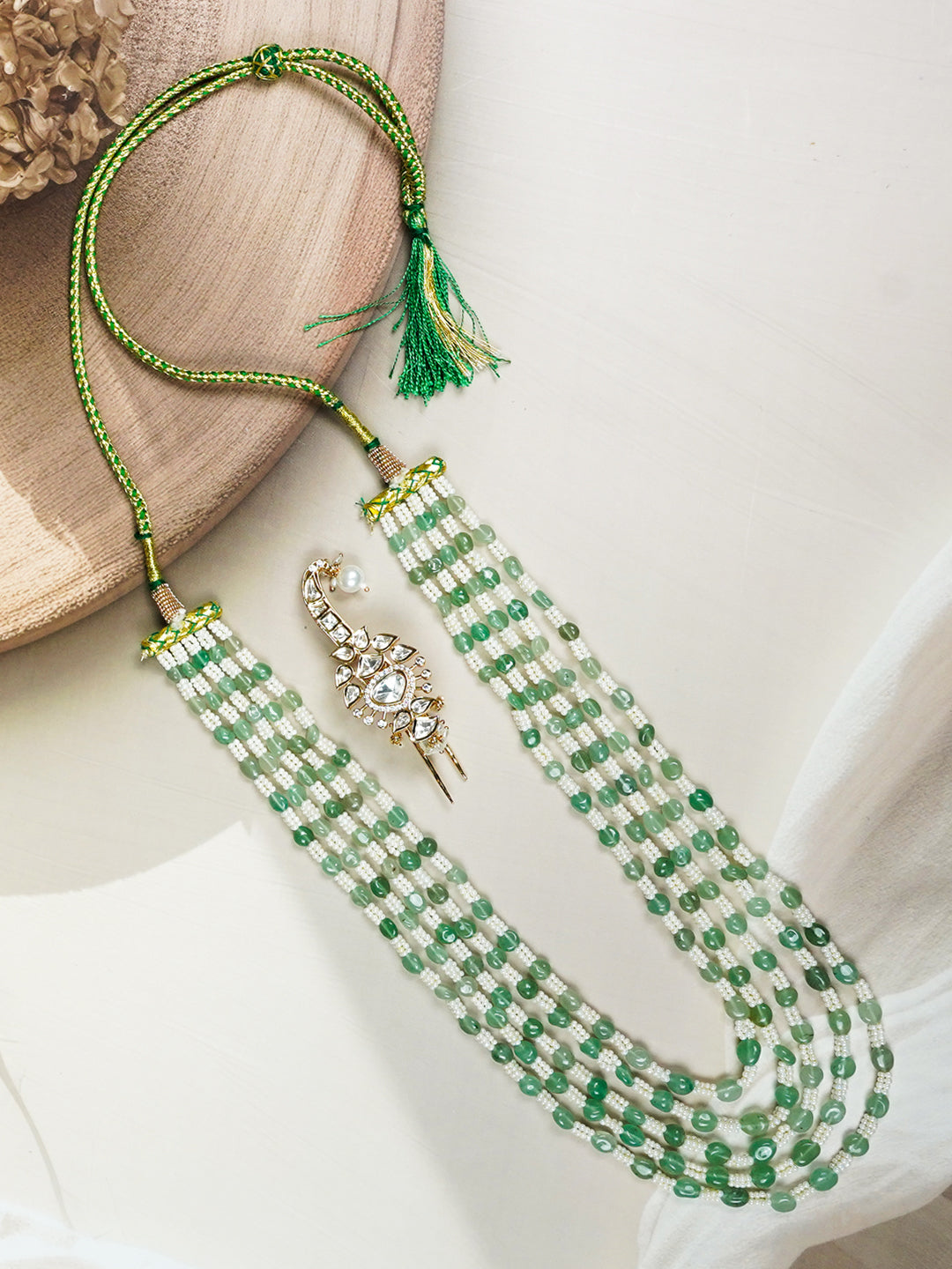 Zevar Club Light Green & White Multi-Strand Glossy Beads Handcrafted Luxury Necklace
