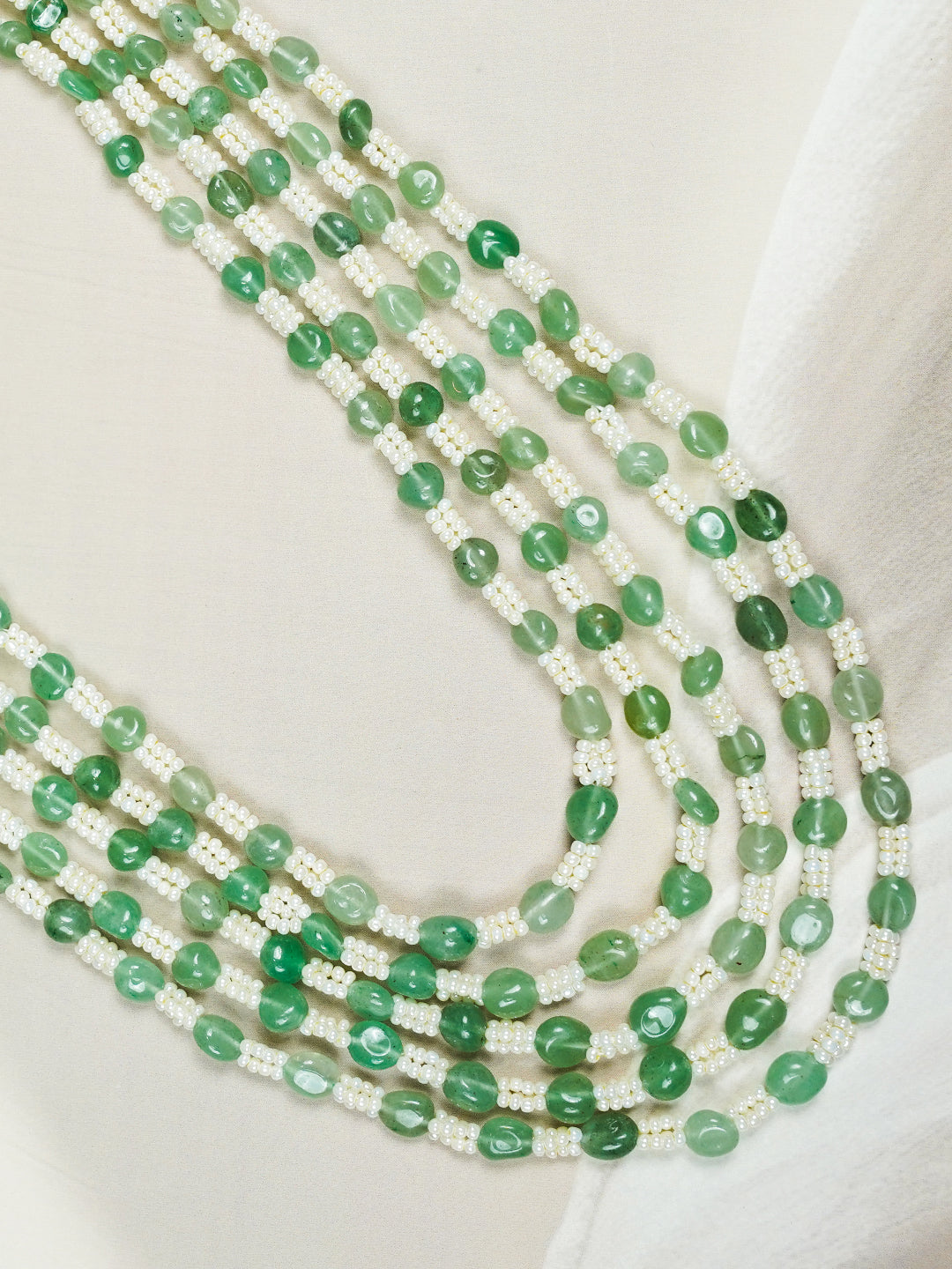 Zevar Club Light Green & White Multi-Strand Glossy Beads Handcrafted Luxury Necklace