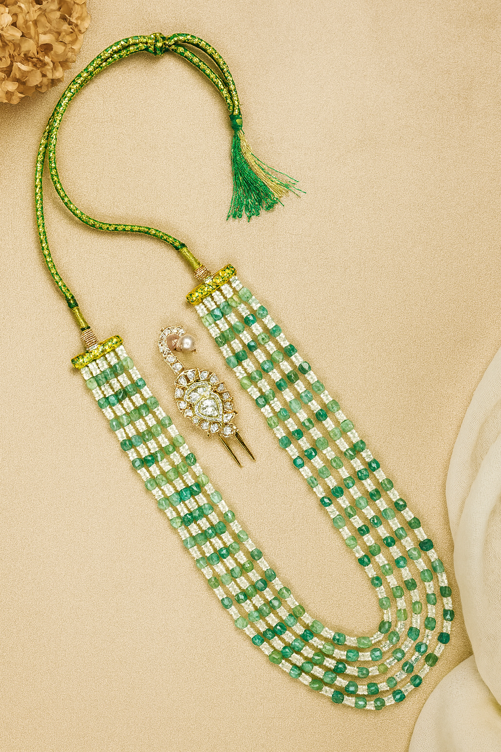 Zevar Club Light Green & White Multi-Strand Glossy Beads Handcrafted Luxury Necklace