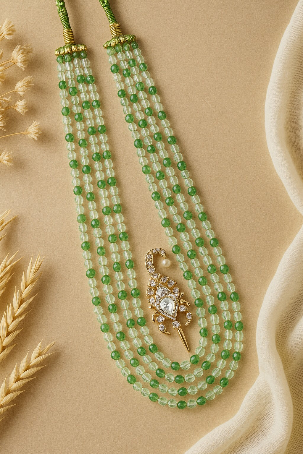 Zevar Club Light Green & White Multi-Strand Glossy Beads Handcrafted Luxury Necklace