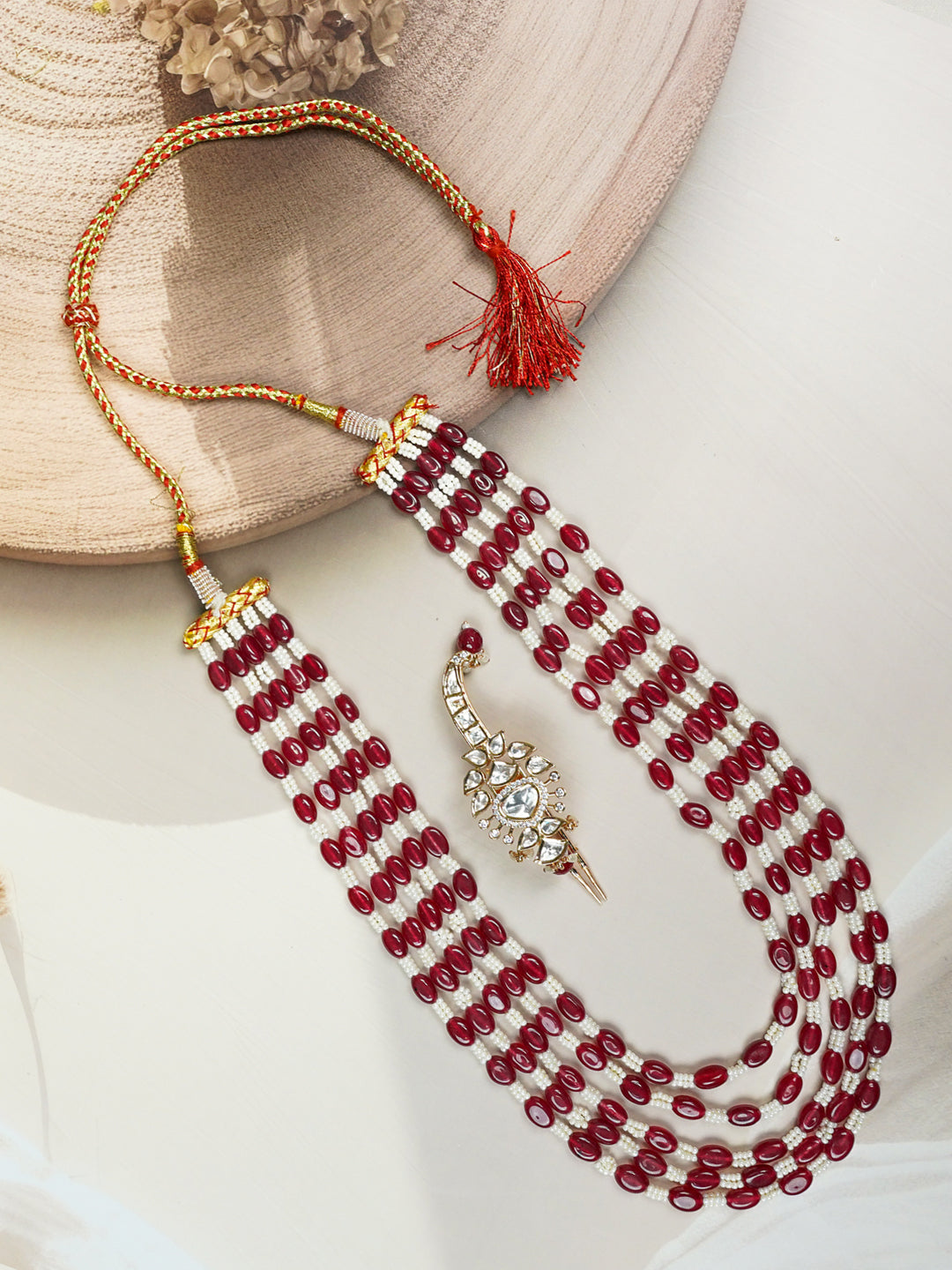 Zevar Club Maroon & White Multi-Strand Glossy Beads Gold Tone Handcrafted Necklace