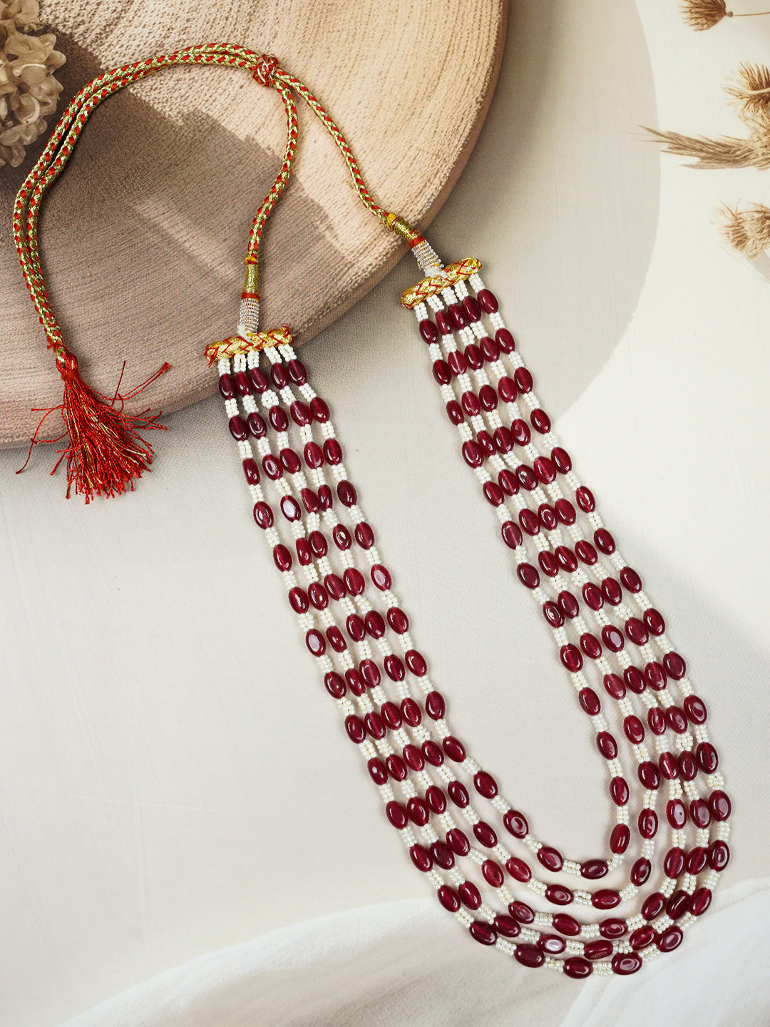 Zevar Club Maroon & White Multi-Strand Glossy Beads Gold Tone Handcrafted Necklace