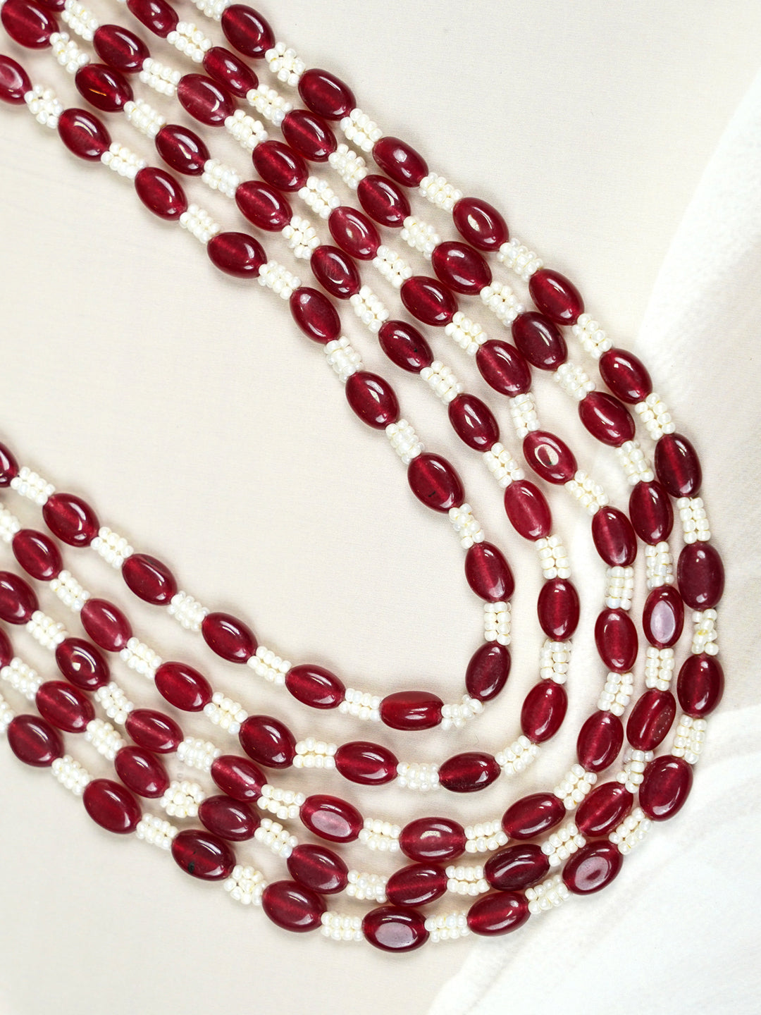 Zevar Club Maroon & White Multi-Strand Glossy Beads Gold Tone Handcrafted Necklace