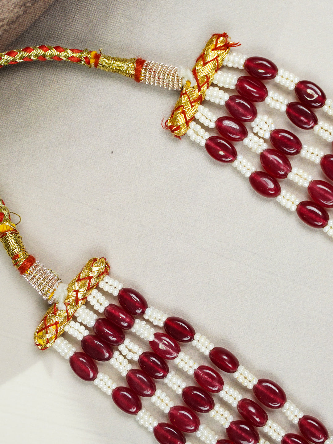 Zevar Club Maroon & White Multi-Strand Glossy Beads Gold Tone Handcrafted Necklace