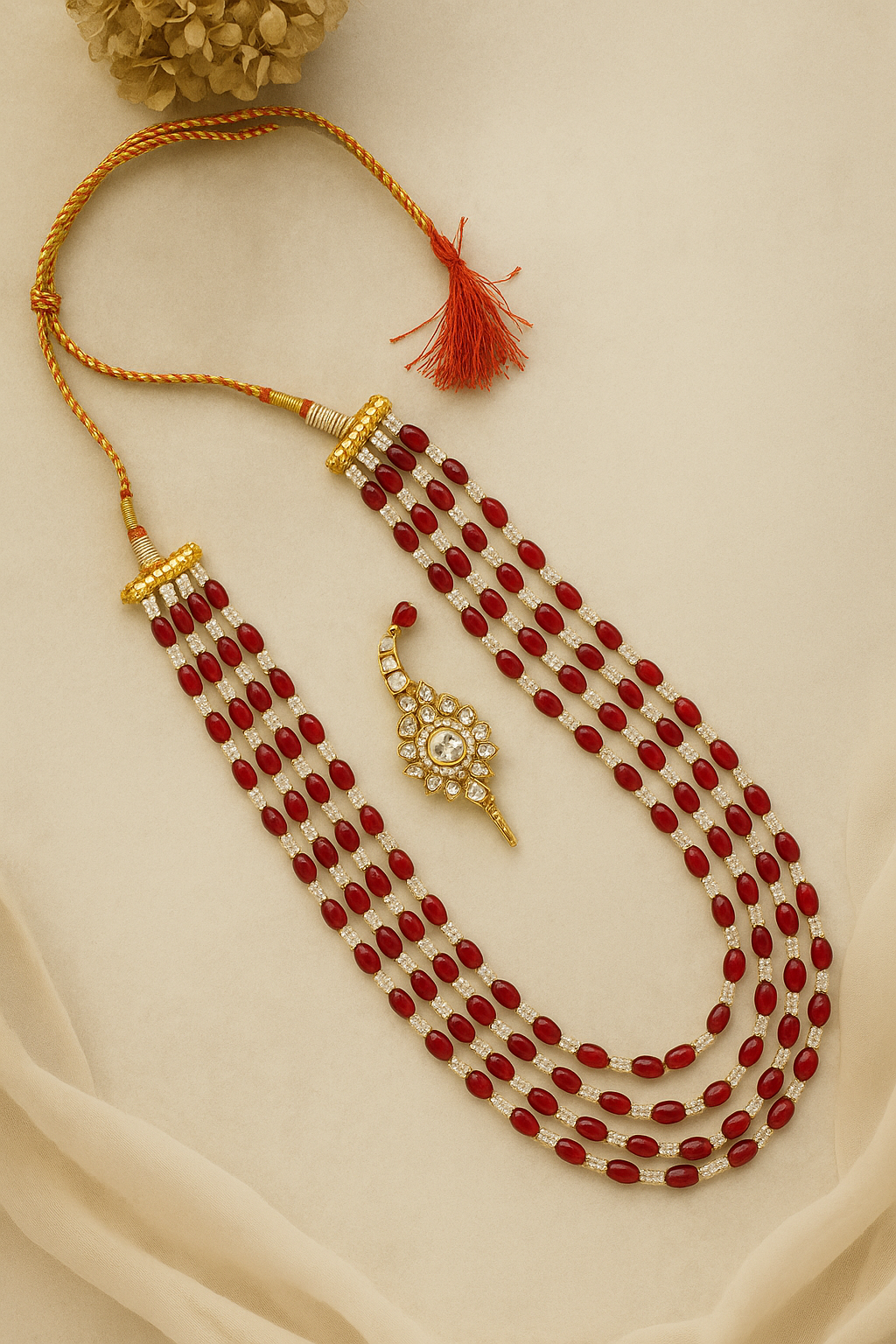 Zevar Club Maroon & White Multi-Strand Glossy Beads Gold Tone Handcrafted Necklace