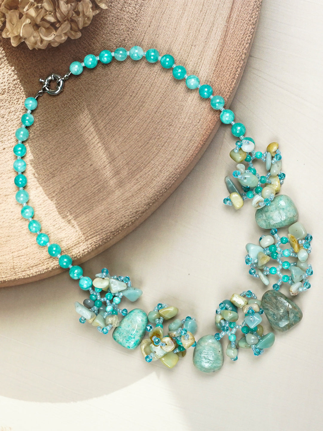Zevar Club Yellow, Aqua Blue Semi Precious Gemstone Cluster Beaded Handcrafted Designer Statement Necklace