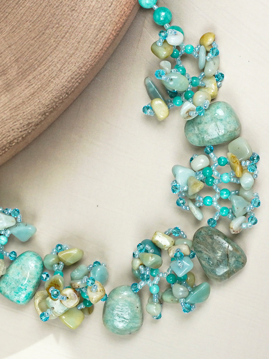 Zevar Club Yellow, Aqua Blue Semi Precious Gemstone Cluster Beaded Handcrafted Designer Statement Necklace