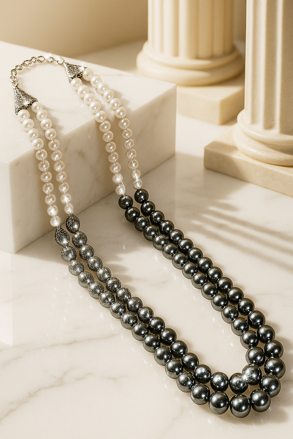 Zevar Club Double Layer Pink, Grey, Yellow & Black Glossy Pearl Royal Statement Necklace