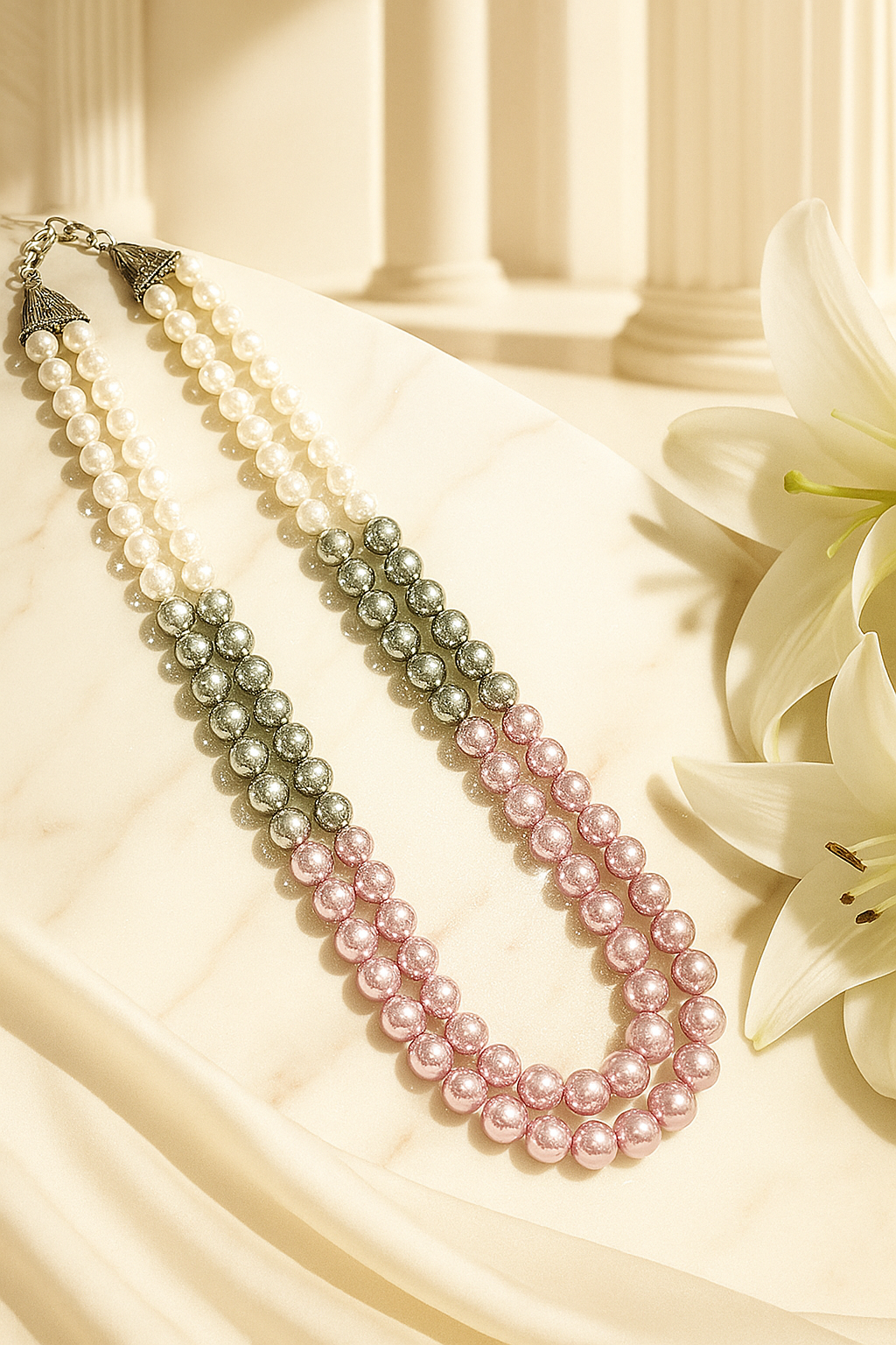 Zevar Club Double Layer Pink, Grey, Yellow & Black Glossy Pearl Royal Statement Necklace