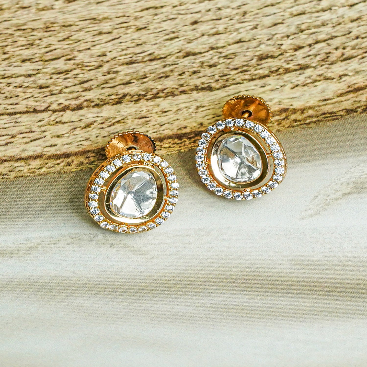 Zevar Club 22K Gold-Plated Oval-Shaped Cubic Zirconia Studded Pendant Necklace Set for Women