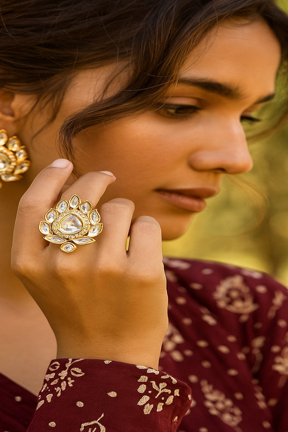 Zevar Club Gold-Toned White Kundan & Cubic Zirconia Studded Leaf Motif Adjustable Statement Ring