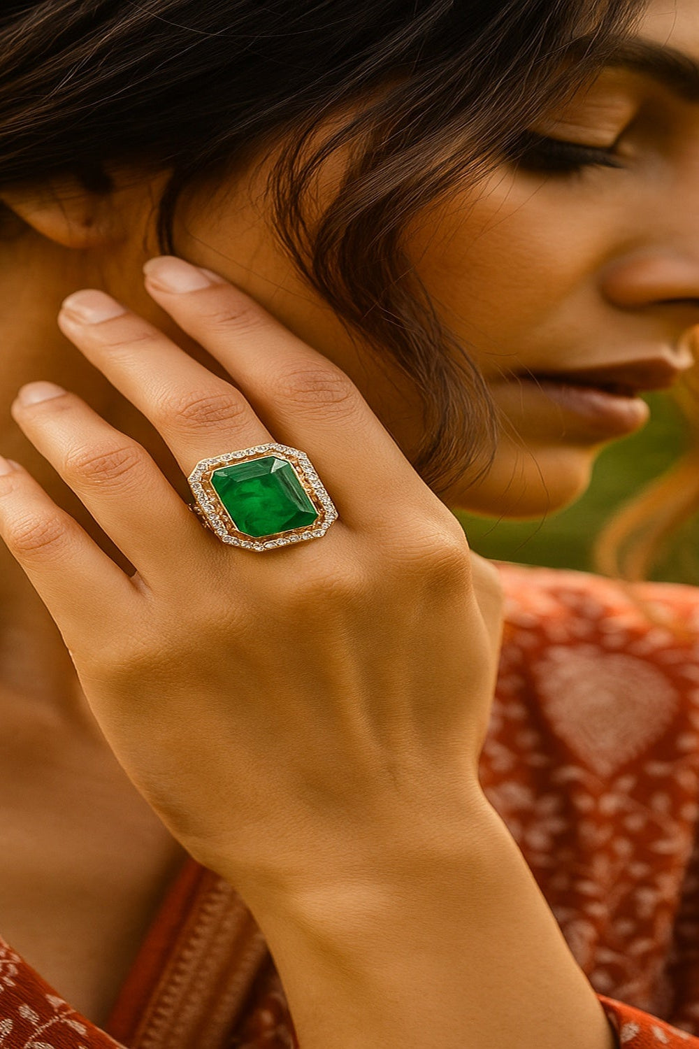 Zevar Club Gold-Toned Emerald Green & Cubic Zirconia Studded Royal Statement Adjustable Ring